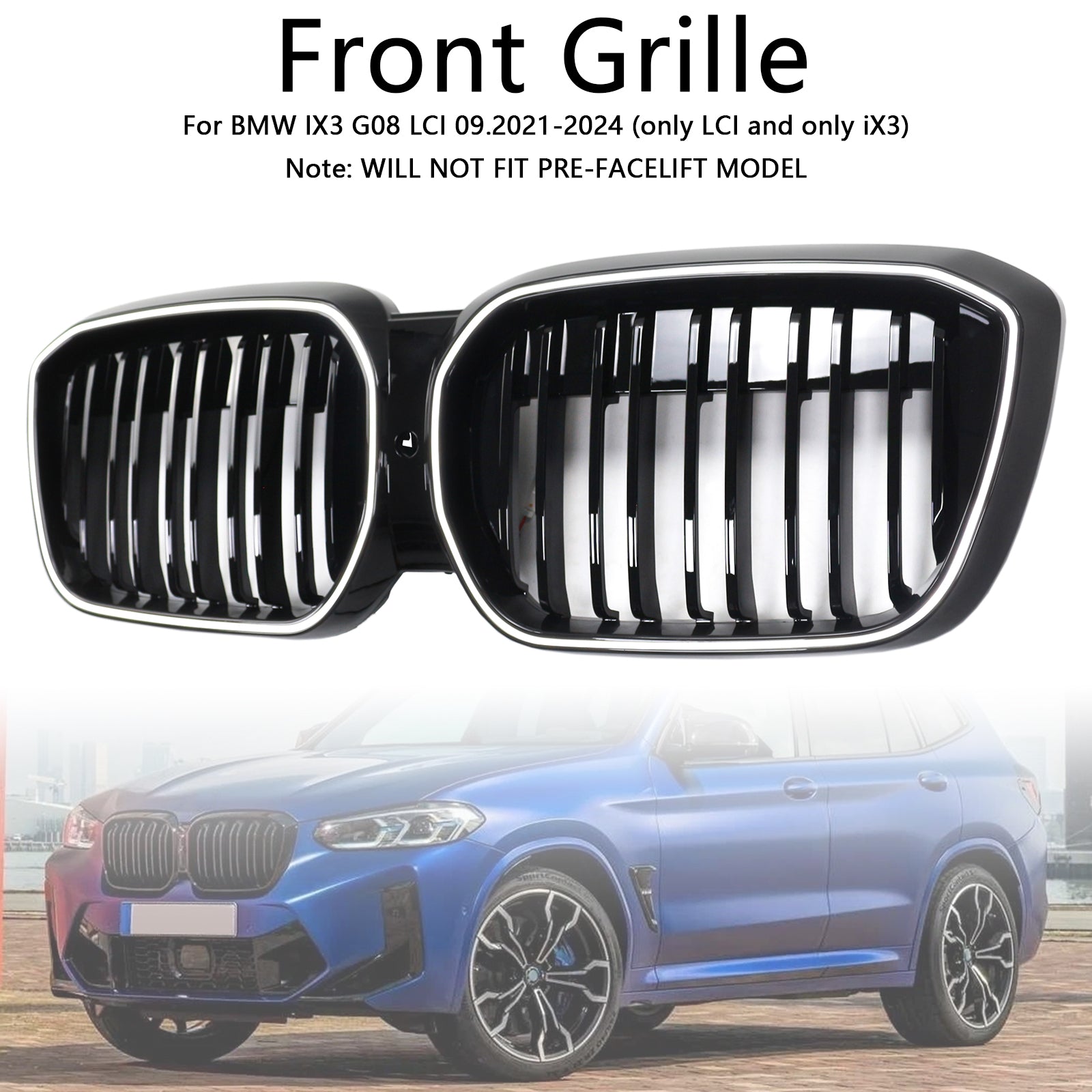 Double Slat Black Front Kidney Grill Grille Fit BMW IX3 G08 LCI 2022-2024