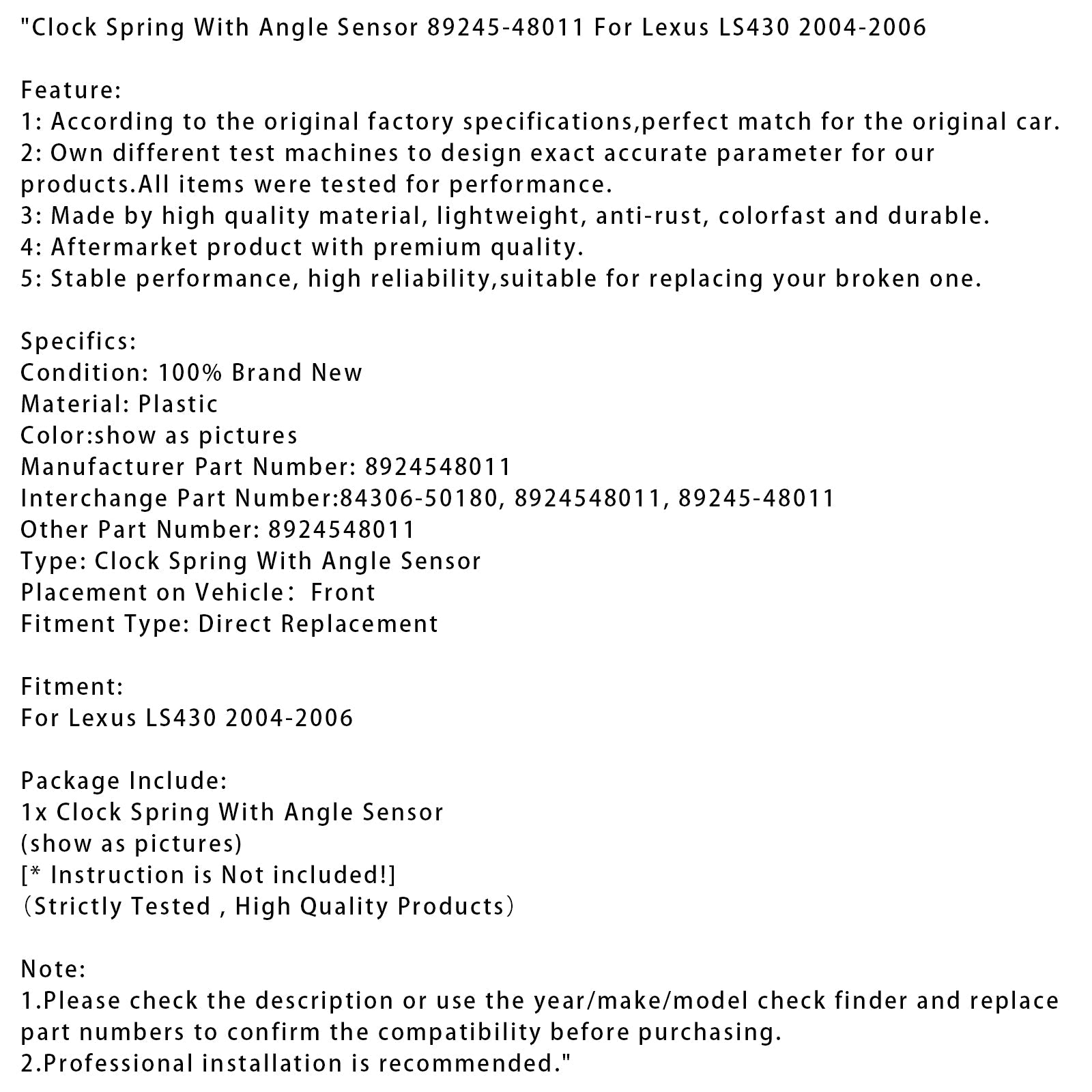2004-2006 Lexus LS430 Clock Spring With Angle Sensor 89245-48011