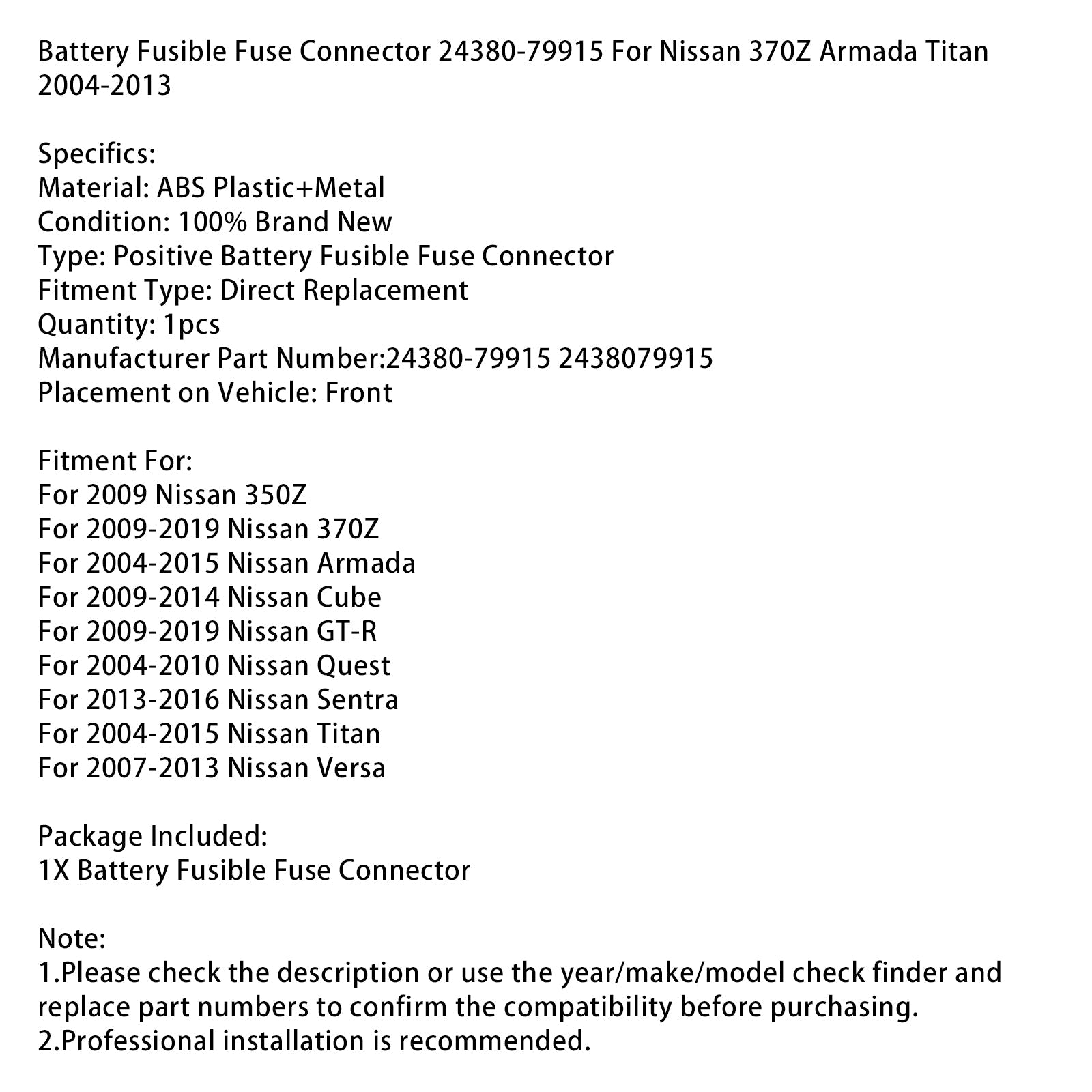 Battery Fusible Fuse Connector 24380-79915 For Nissan 370Z Armada 2004-2013