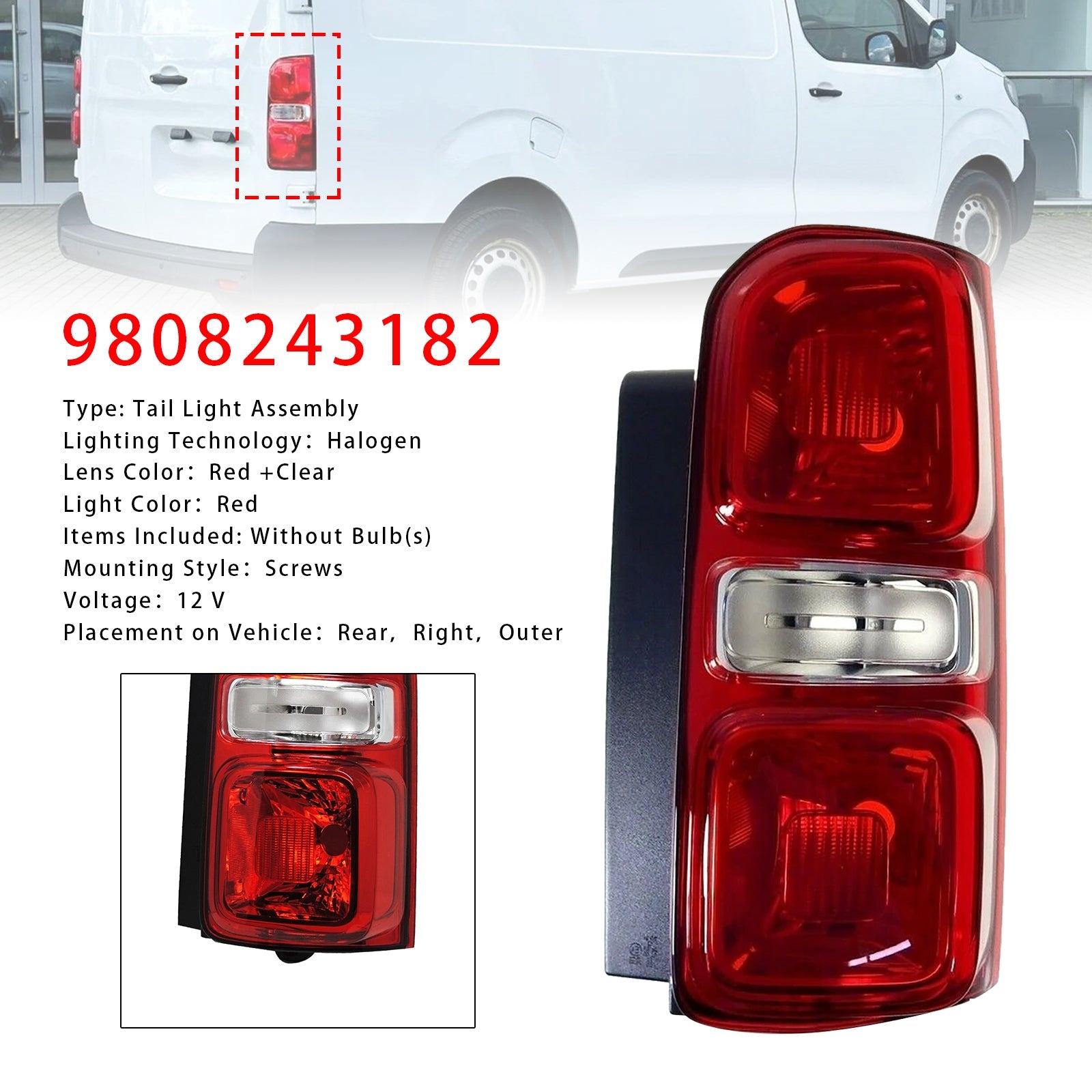 2016-2021 Toyota Proace Right Rear Tail Light Halogen 9808243180 9808243180 9808243182