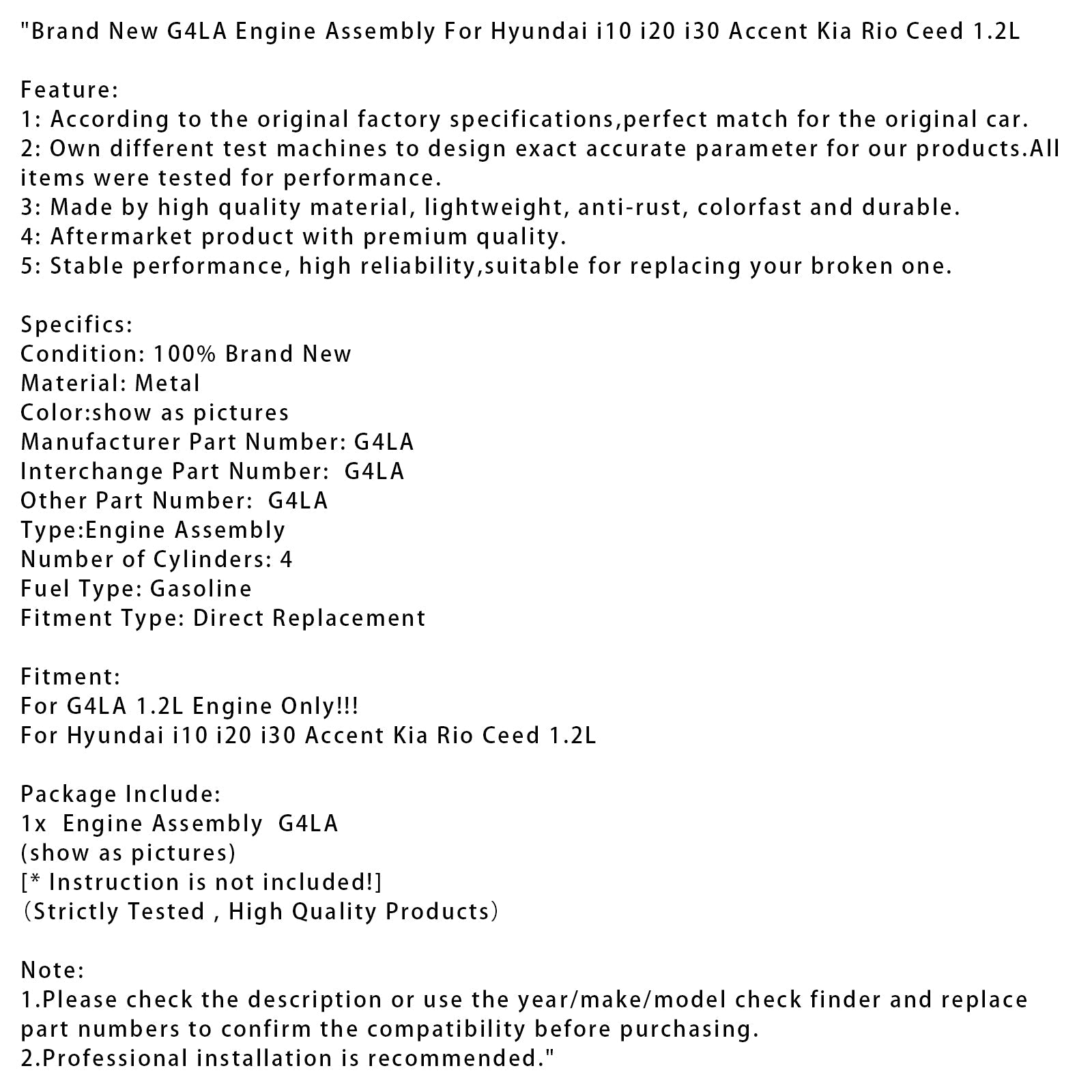 Brand New G4LA Engine Assembly For Hyundai i10 i20 i30 Accent Kia Rio Ceed 1.2L