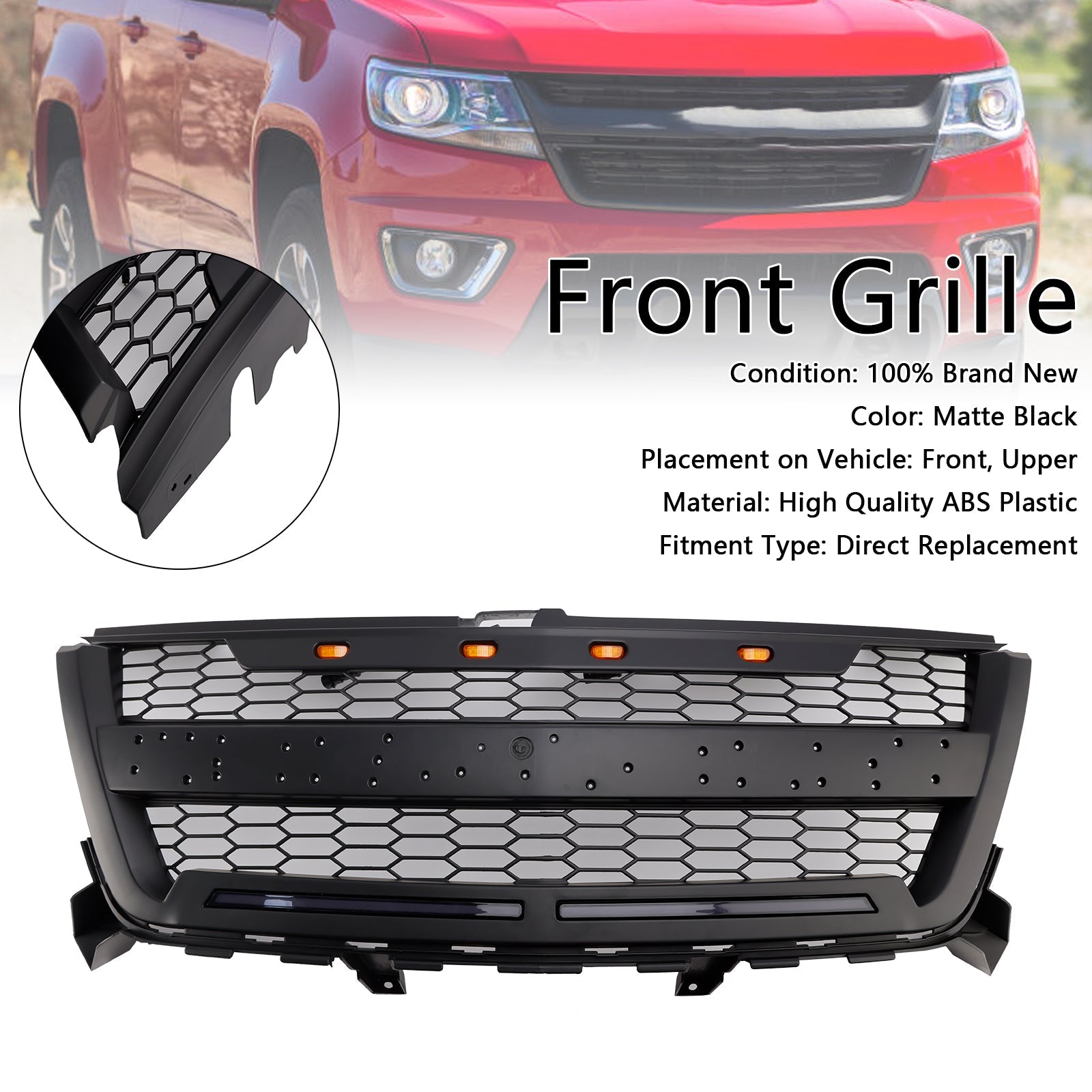 Matte Black Front Bumper Grille Grill Fit Chevy Colorado 2016-2020 W//LED