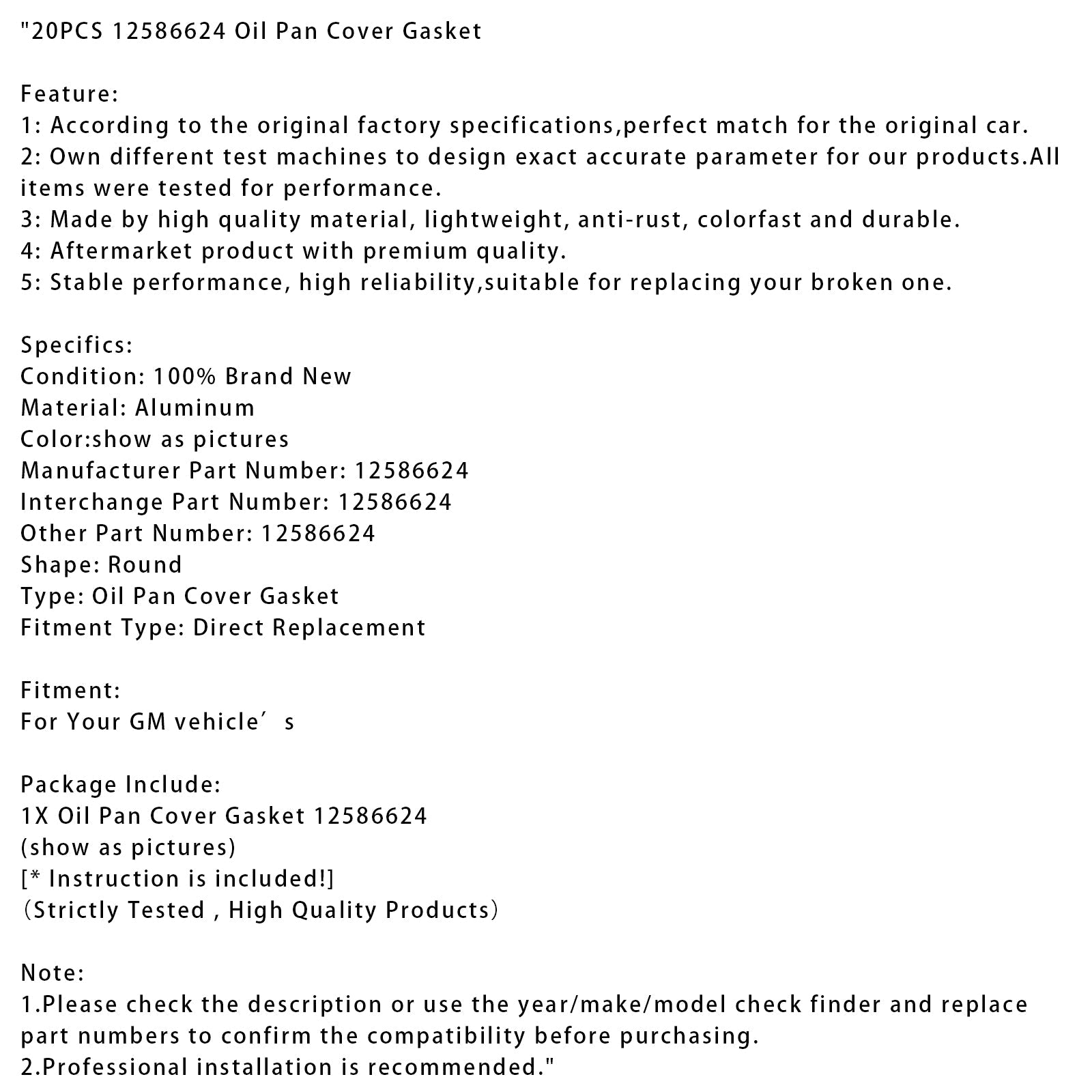 20PCS 12586624 Oil Pan Cover Gasket