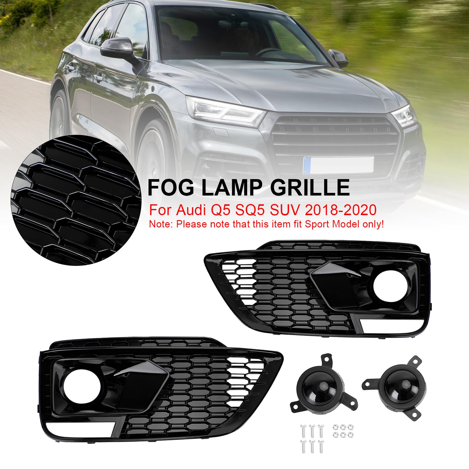 RSQ5 Black Front Honeycomb Fog Lamp Grilles Cover Fit Audi Q5 SQ5 2018-2020