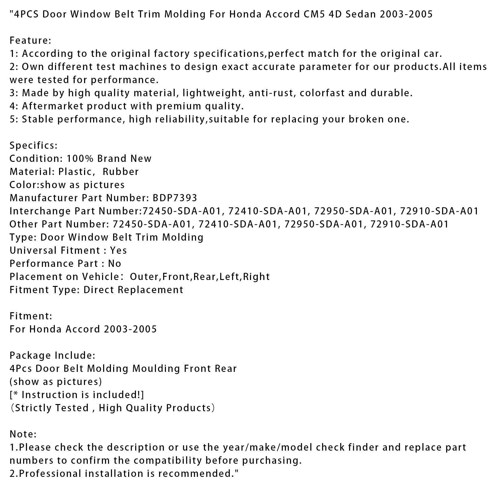 2003-2005 Honda Accord CM5 4D Sedan 4PCS Door Window Belt Trim Molding