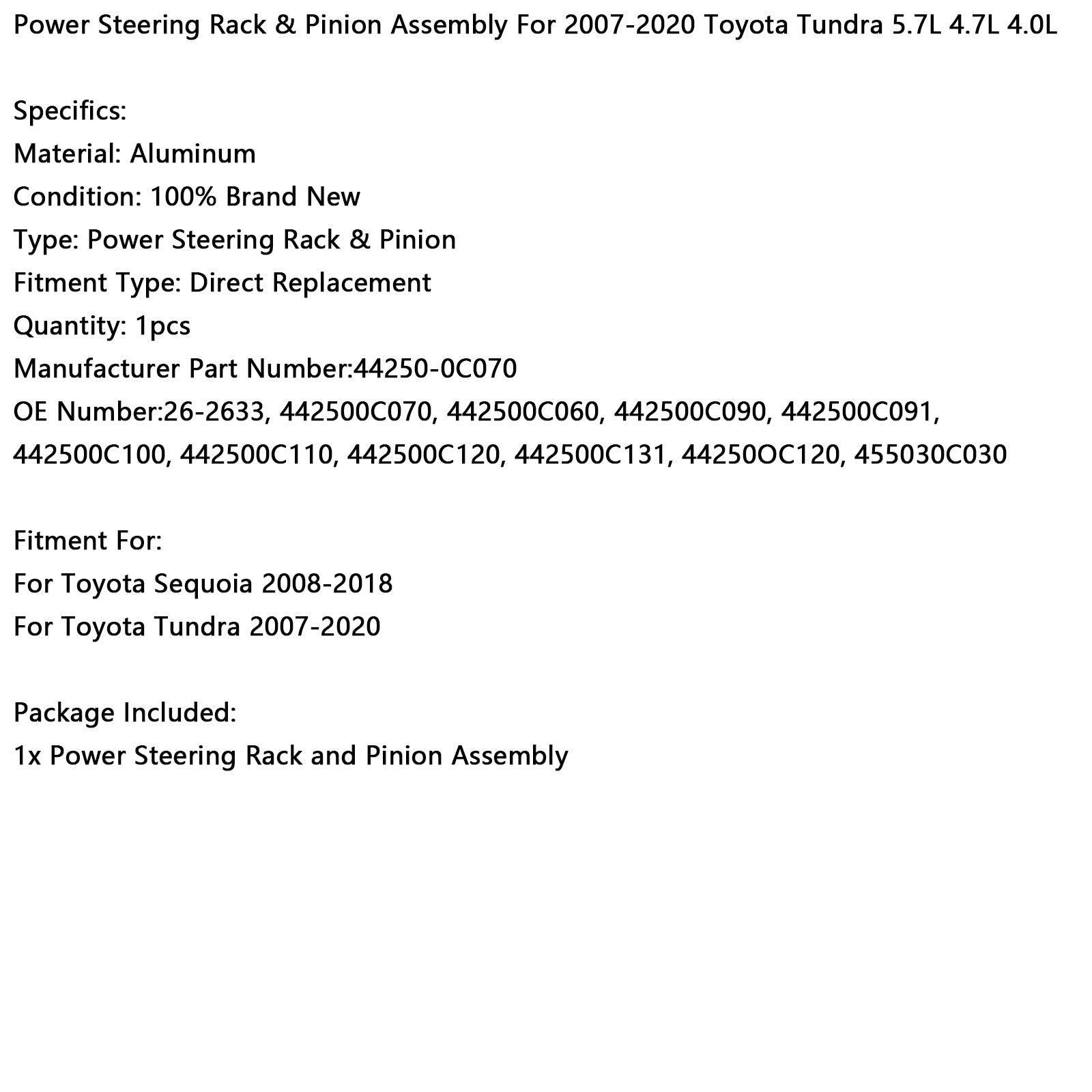 2008-2018 Toyota Sequoia Power Steering Rack & Pinion Assembly