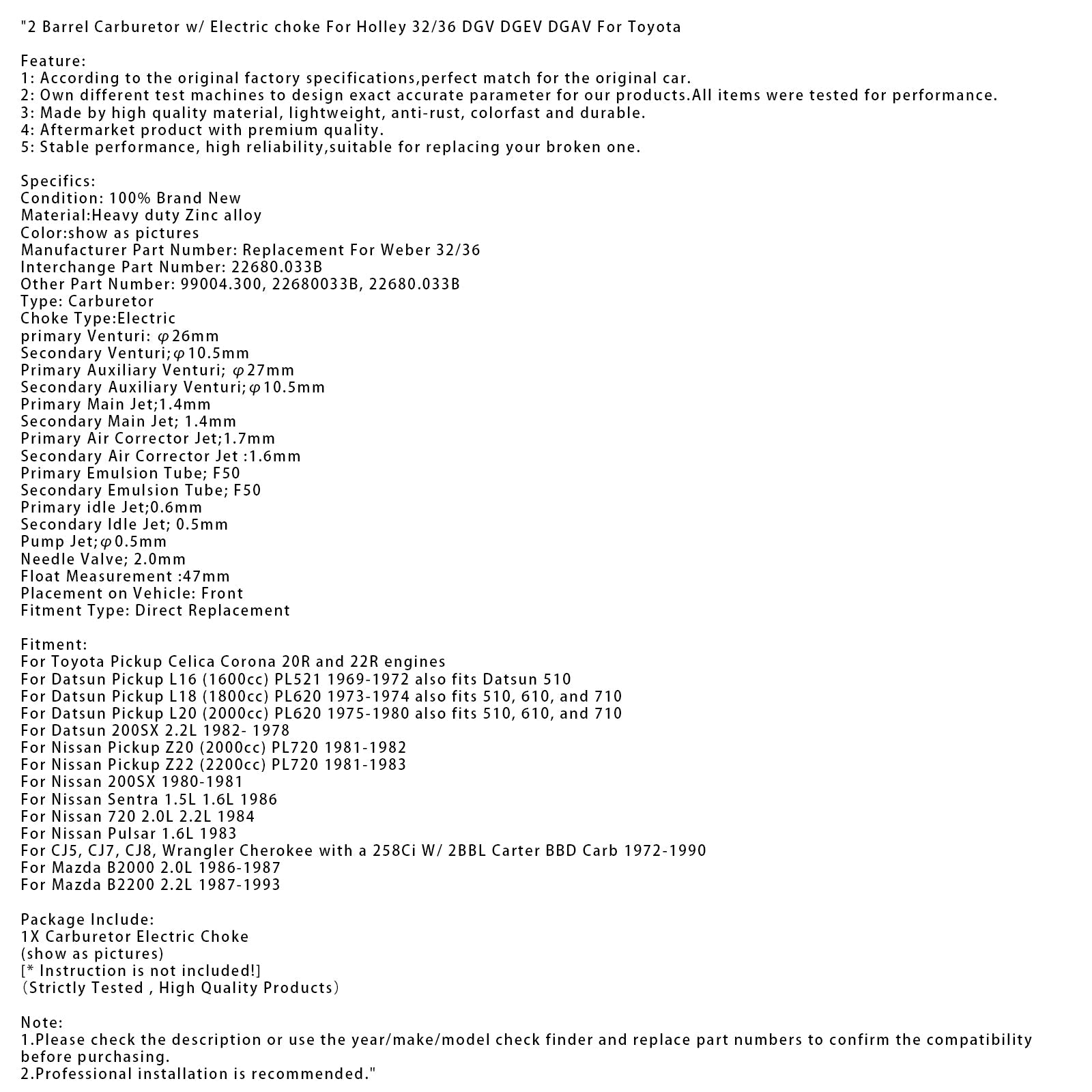 1969-1972 Datsun Pickup L16 (1600cc) PL521 also fits Datsun 510 2 Barrel Carburetor w/ Electric choke For Holley 32/36 DGV DGEV DGAV