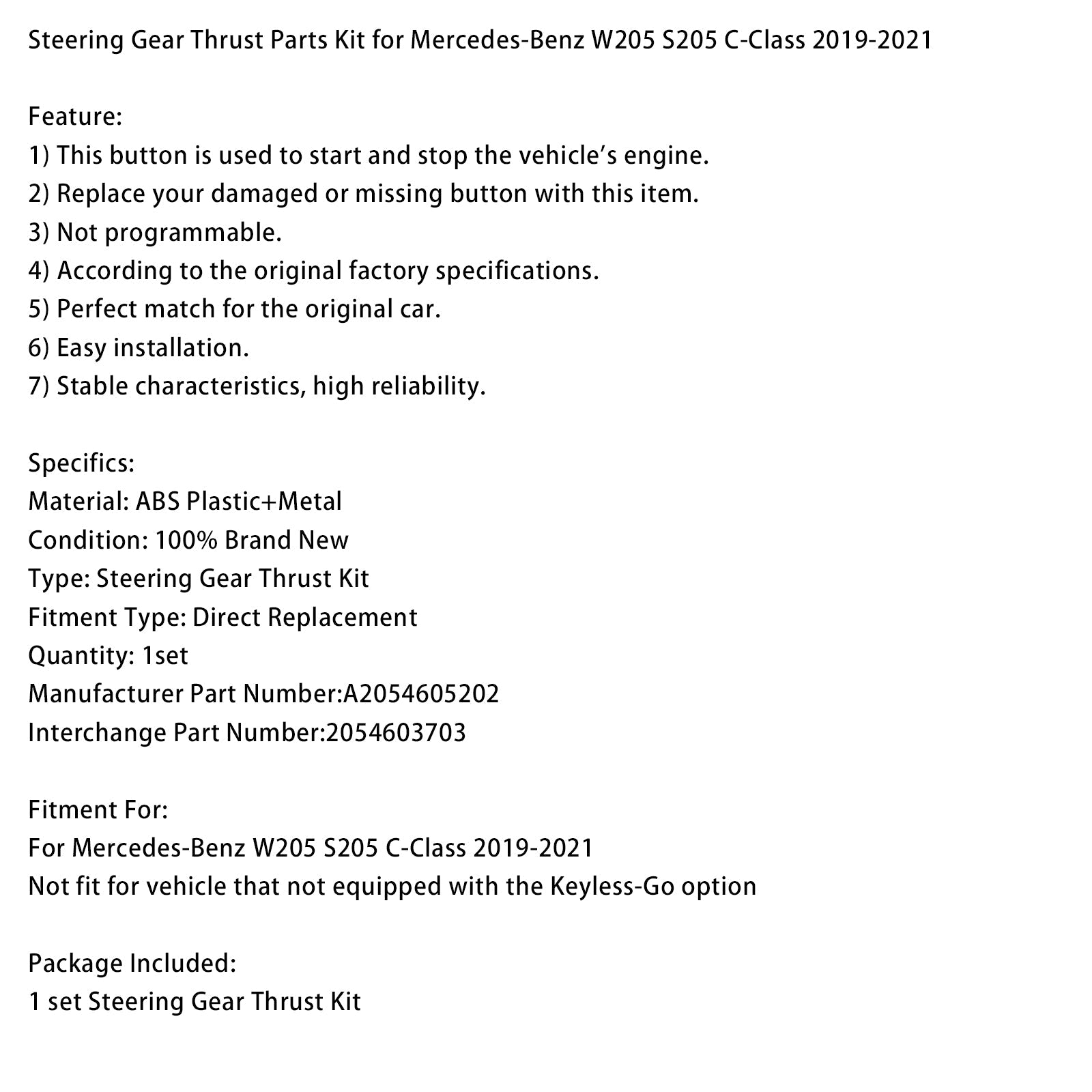 2019-2021 Mercedes-Benz W205 S205 C-Class Steering Gear Thrust Parts Kit