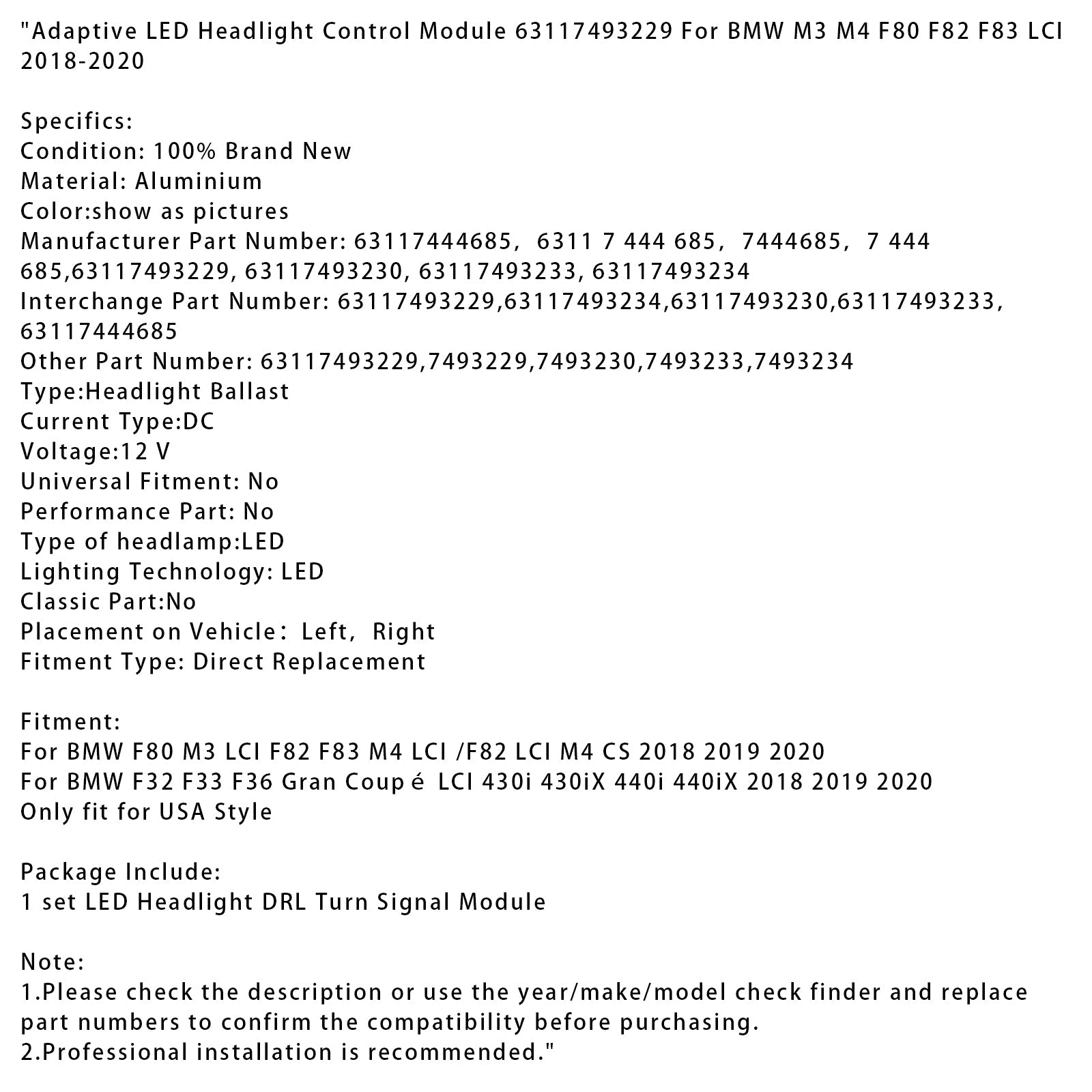 2018 2019 2020 BMW F32 F33 F36 Gran Coup“? LCI 430i 430iX 440i 440iX Adaptive LED Headlight Control Module 63117493229