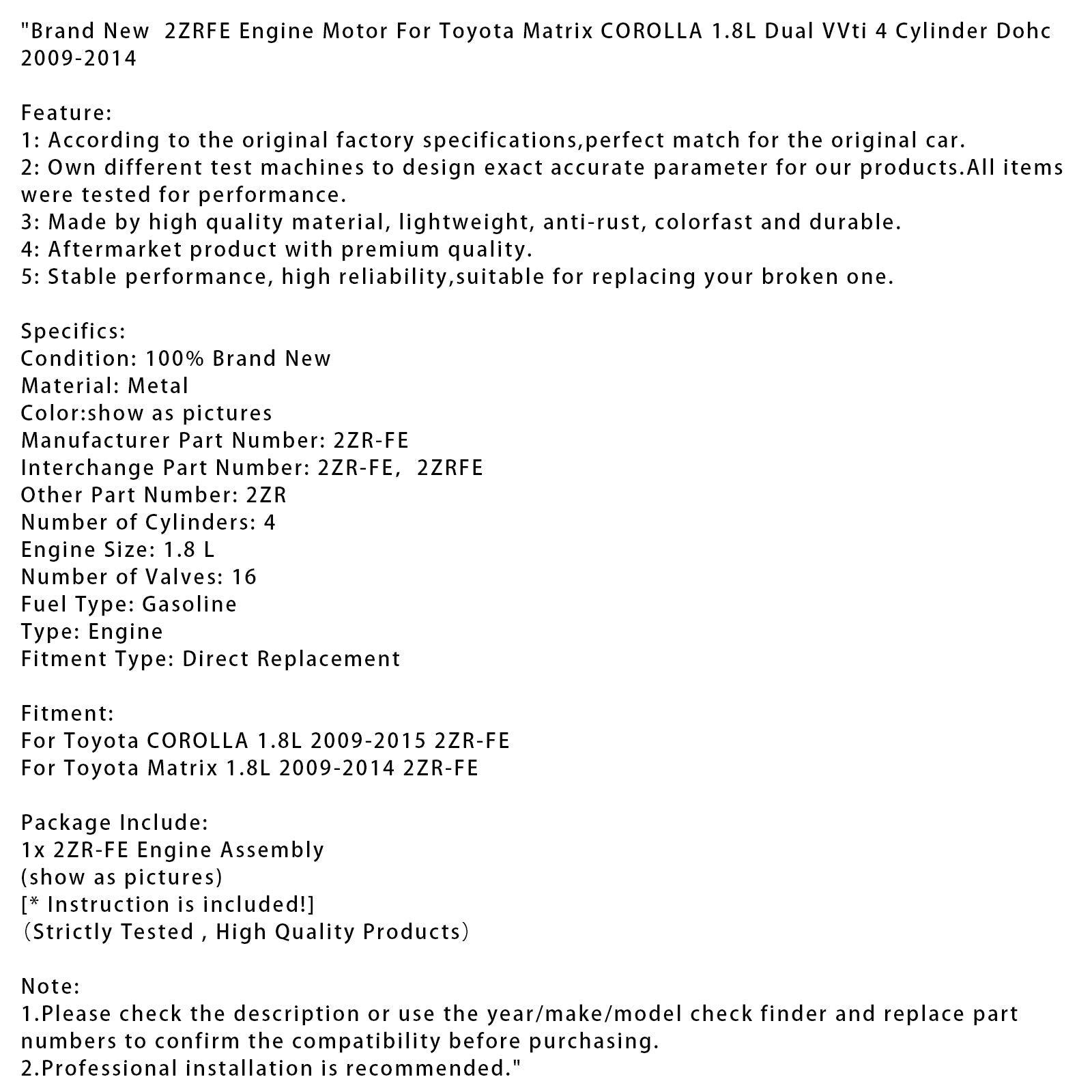 New 2ZRFE Engine Motor For Toyota Matrix COROLLA 1.8L Dual VVti 4 Cylinder
