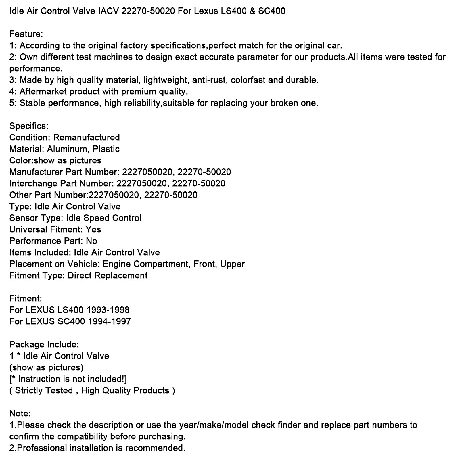 Idle Air Control Valve IACV 22270-50020 For Lexus LS400 & SC400