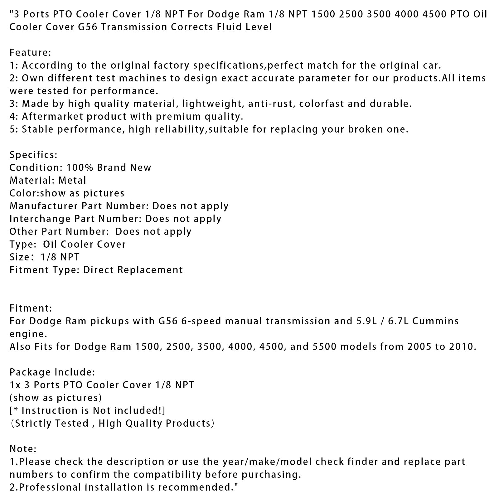 3 Ports PTO Cooler Cover 1/8 NPT For Ram 1/8 NPT 1500 2500 3500 4000 4500 G56