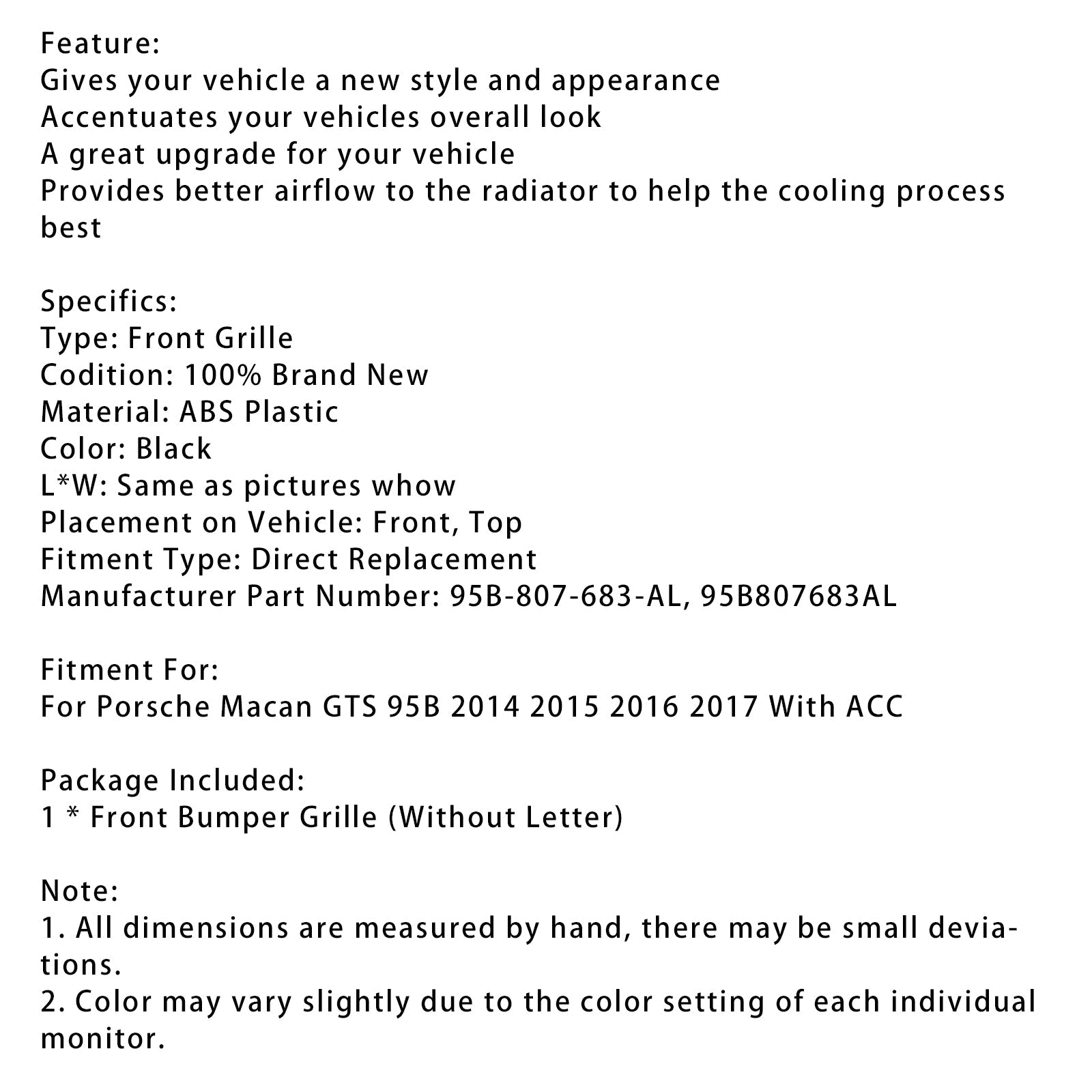 2014-2017 Porsche Macan GTS W/ACC Front Bumper Grill Grille 95B807683AL