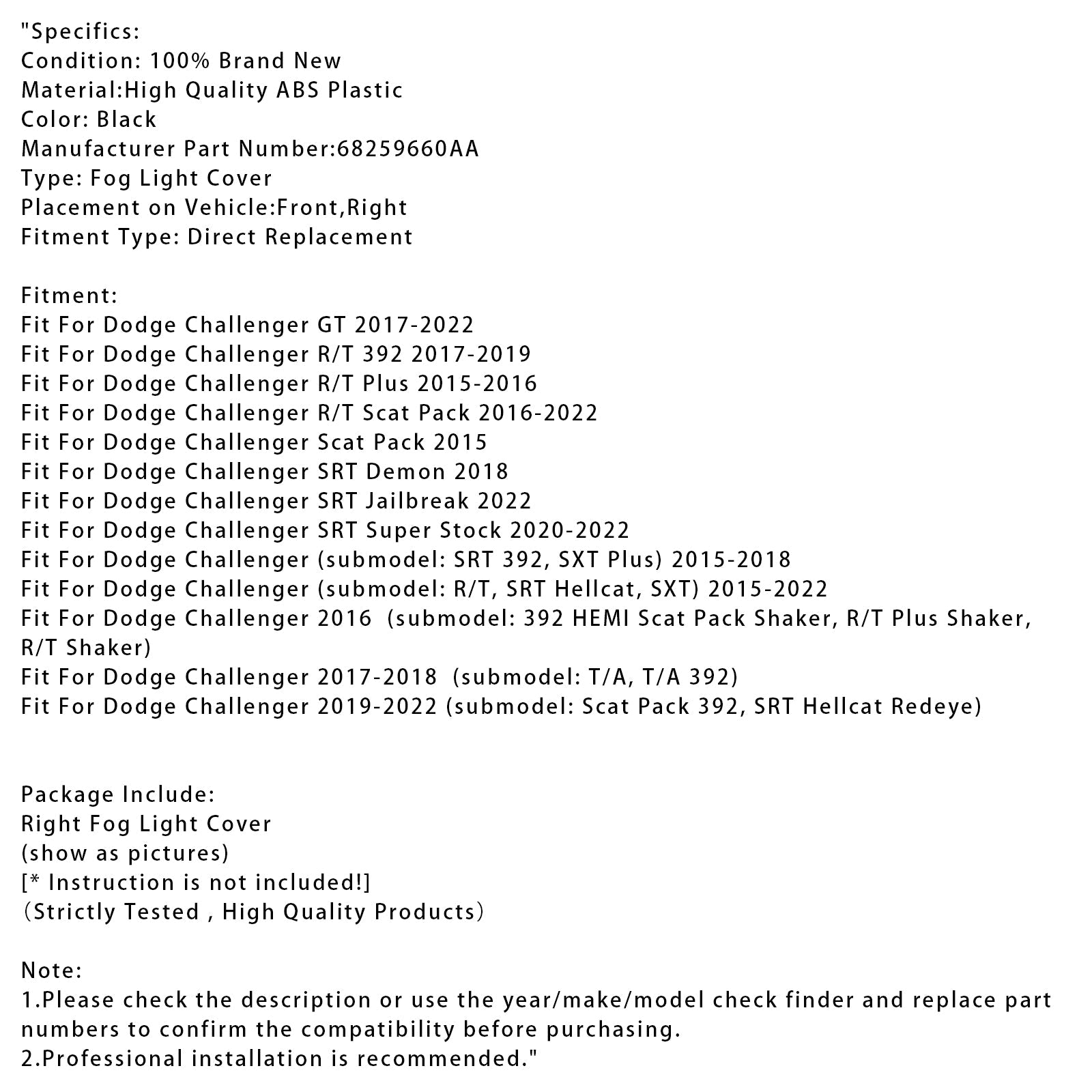 Right Side Fog Light Cover For Dodge Challenger 2015-2022 68259660AA