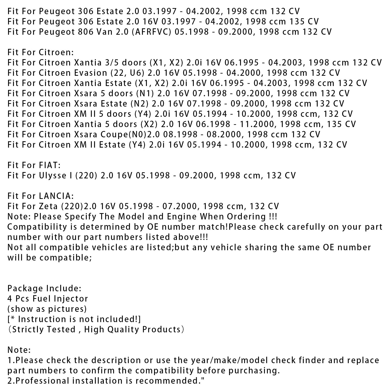 4Pcs Fuel Injector For Peugeot 806 605 306 406 2.0 16V 0280155803 96288914