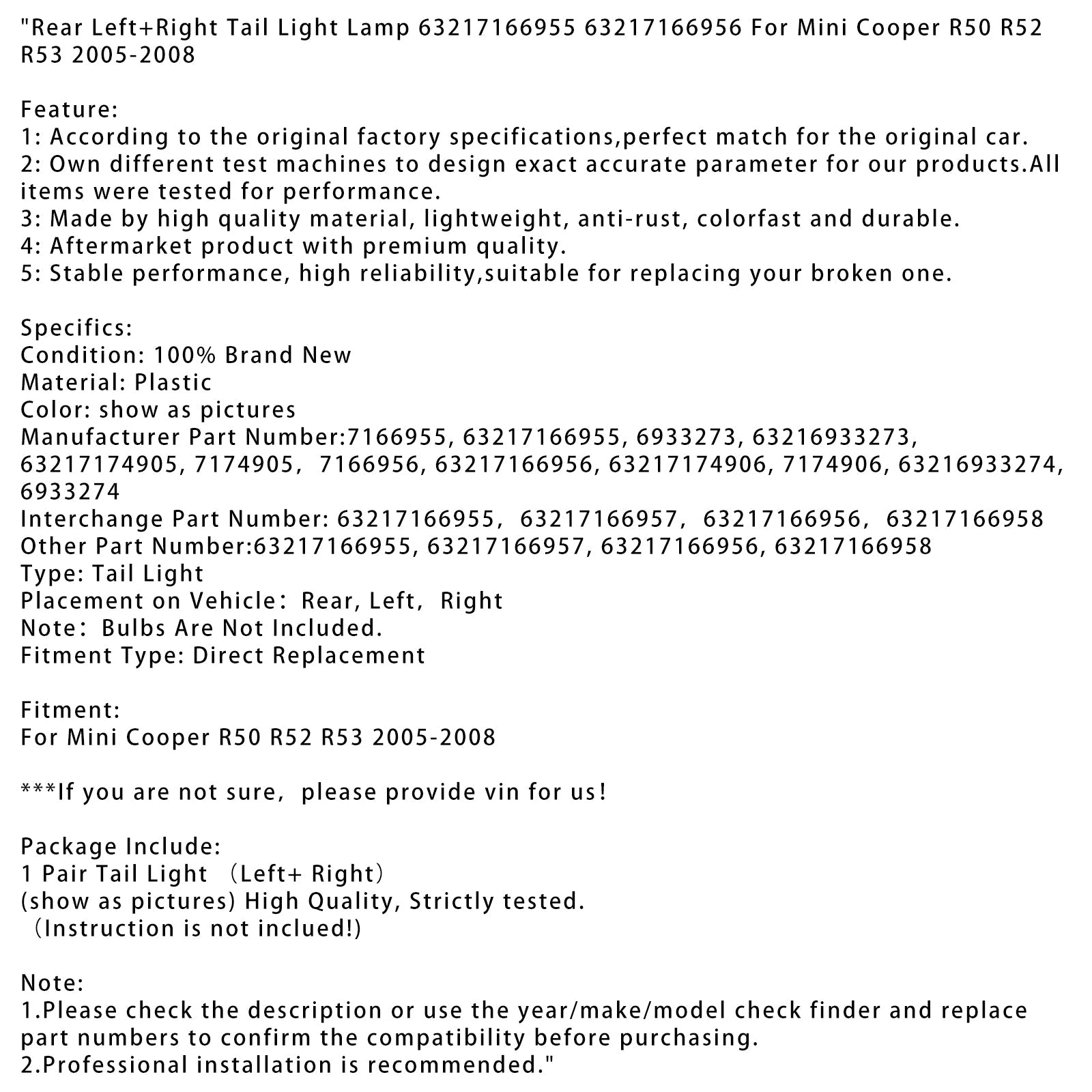 Rear L+R Tail Light Lamp 63217166955 56 For Mini Cooper R50 R52 R53 2005-2008