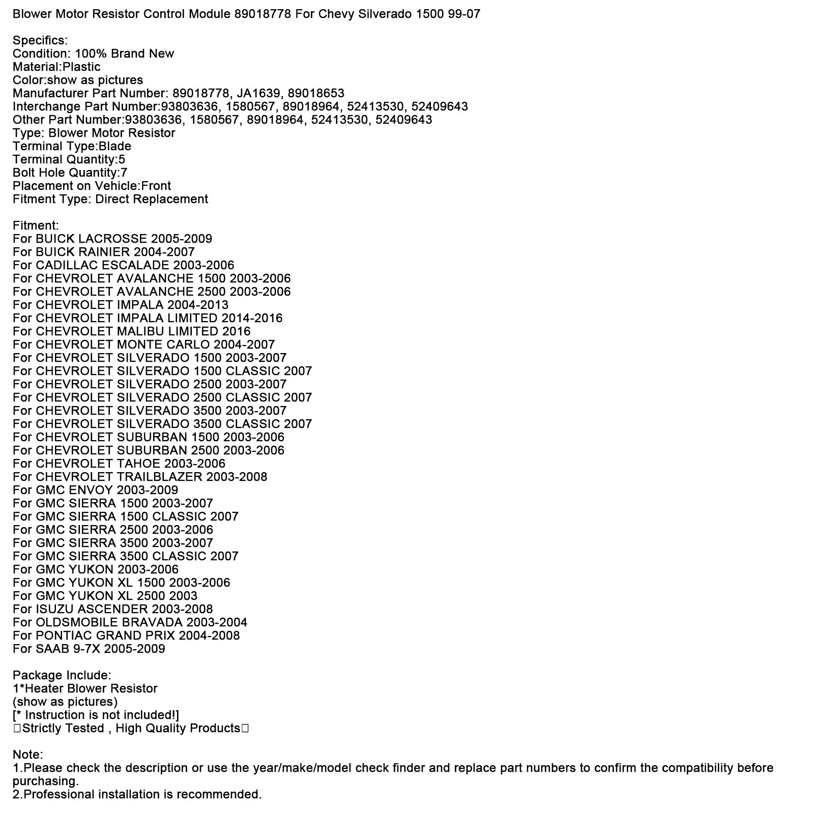 Blower Motor Resistor Control Module 89018778 For Chevy Silverado 1500 1999-2007