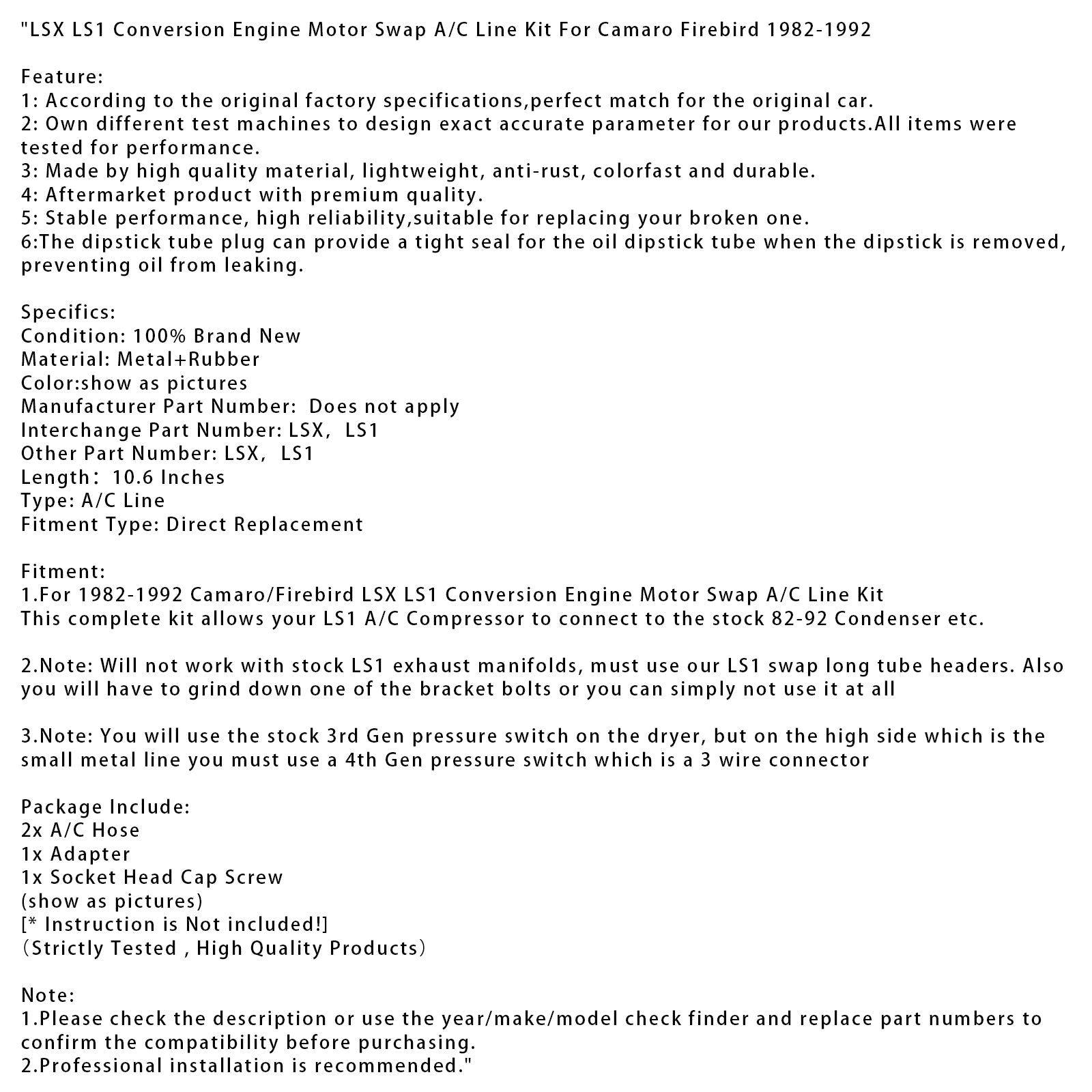 LSX LS1 Conversion Engine Motor Swap A/C Line Kit For Camaro Firebird 1982-1992