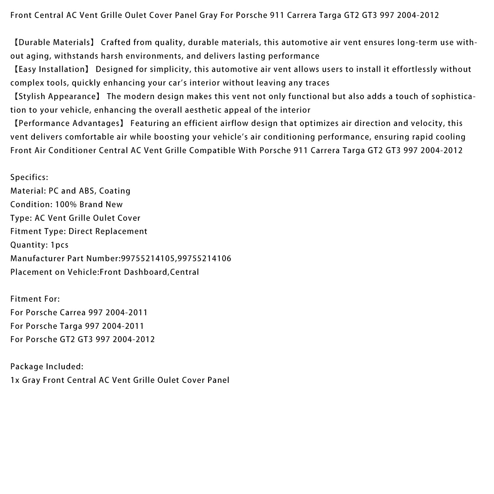2004-2011 Porsche Targa 997 Central AC Vent Cover Gray 99755214105 99755214106