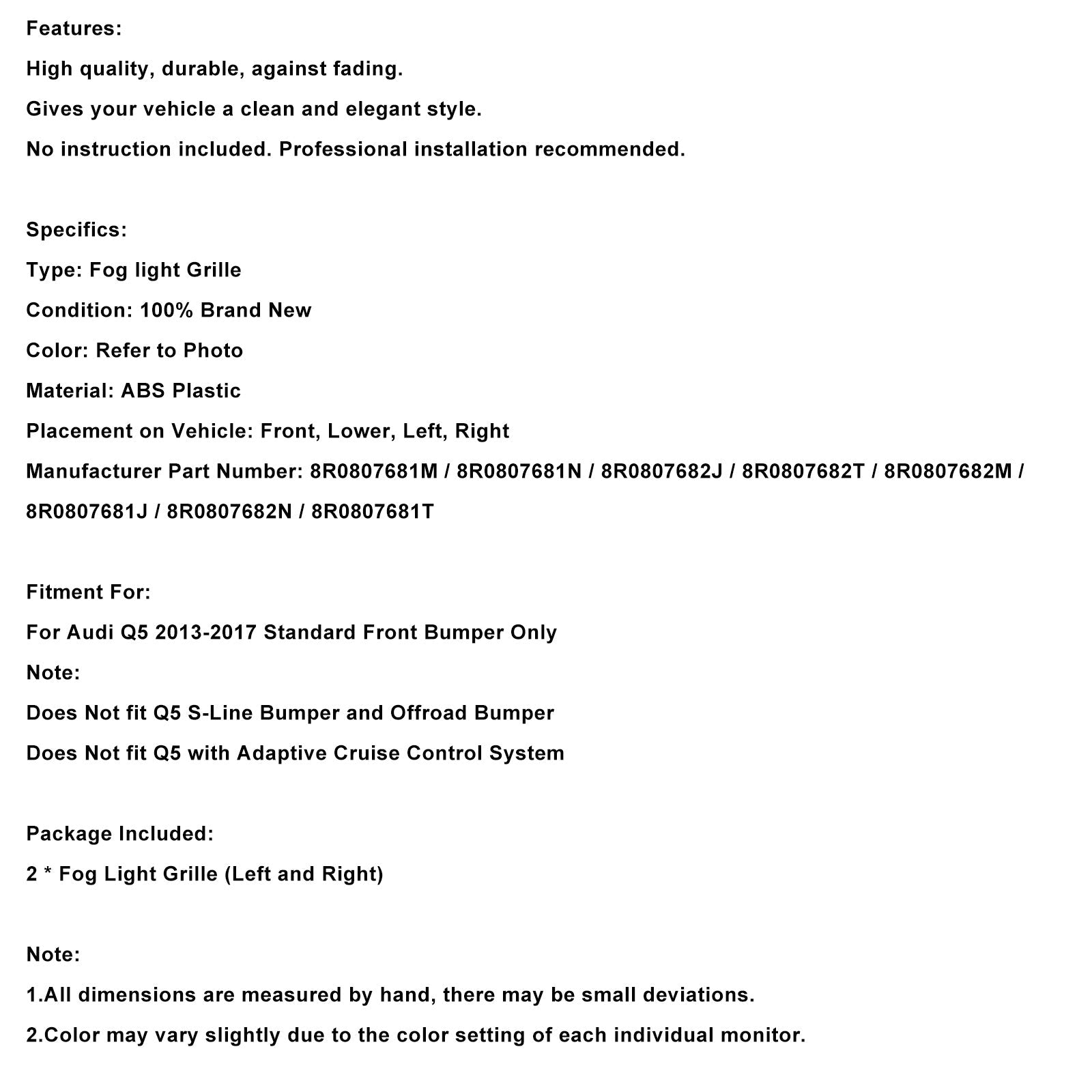 2013-2017 Audi Q5 Black Front Bumper Fog Light Grille Grill 8R0807681M