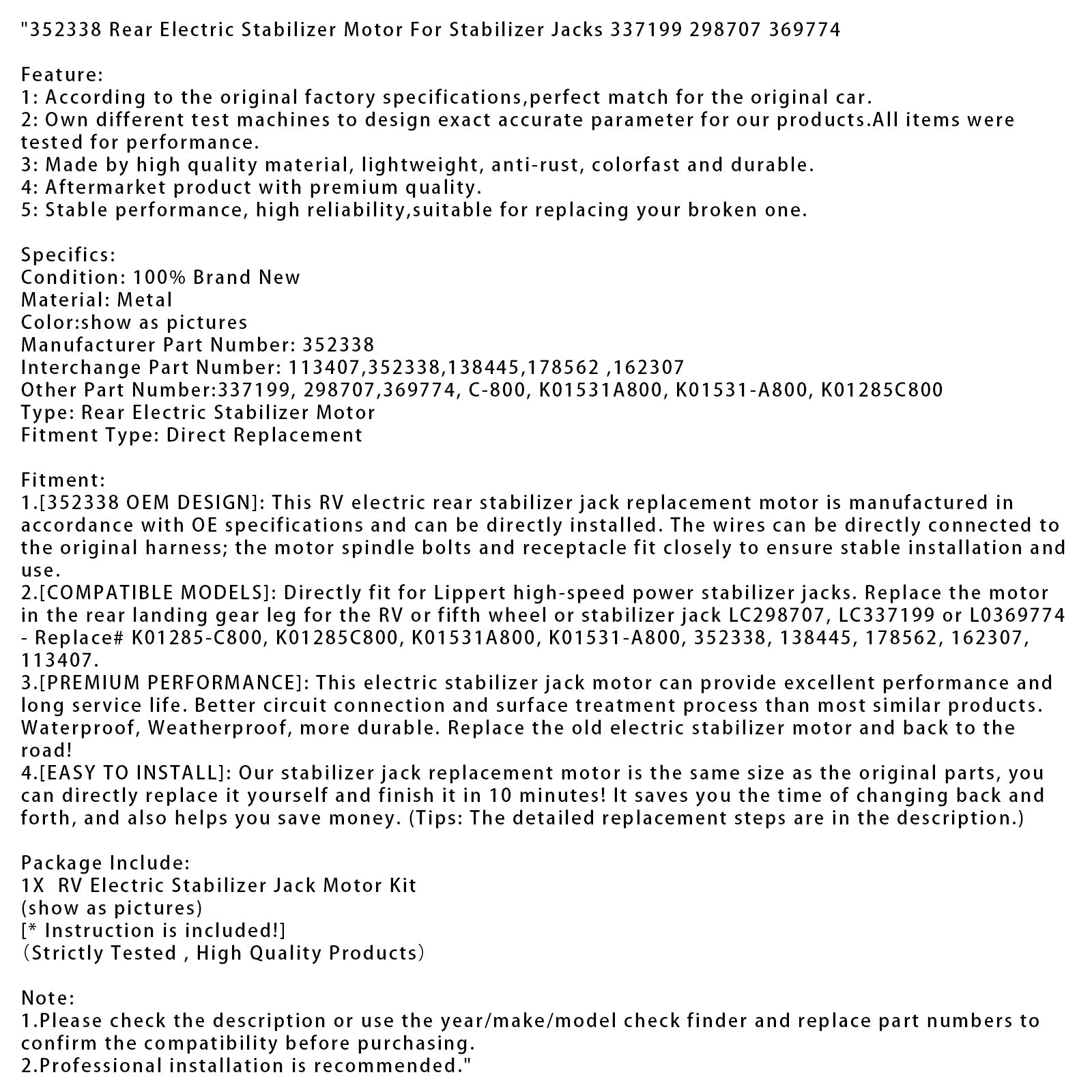 352338 Rear Electric Stabilizer Motor For Stabilizer Jacks 337199 298707 369774