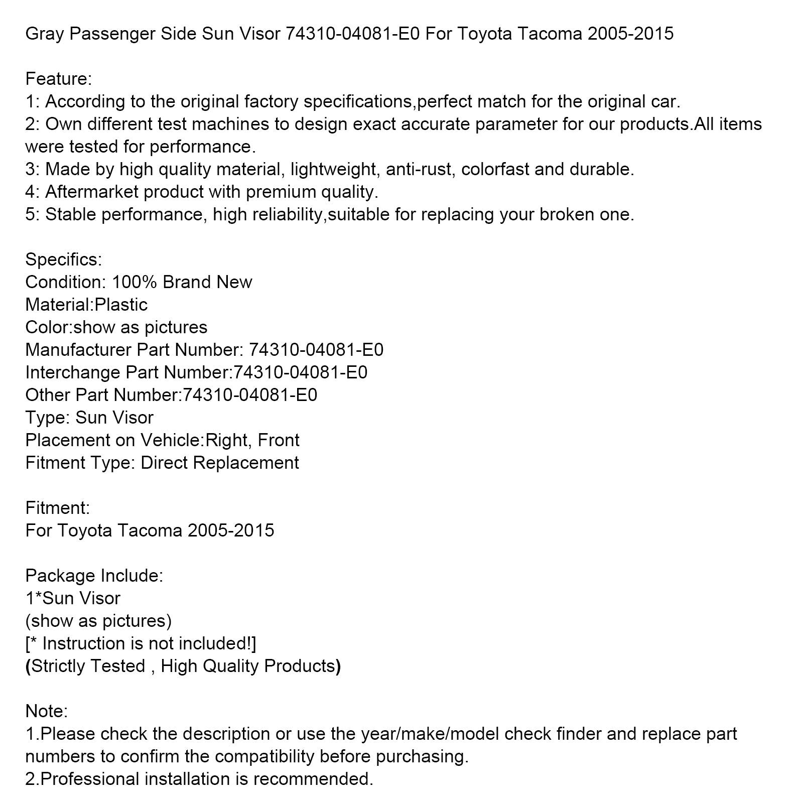 2013-2018 Nissan Altima Gray Right Side Sun Visor 74310-04181-B1