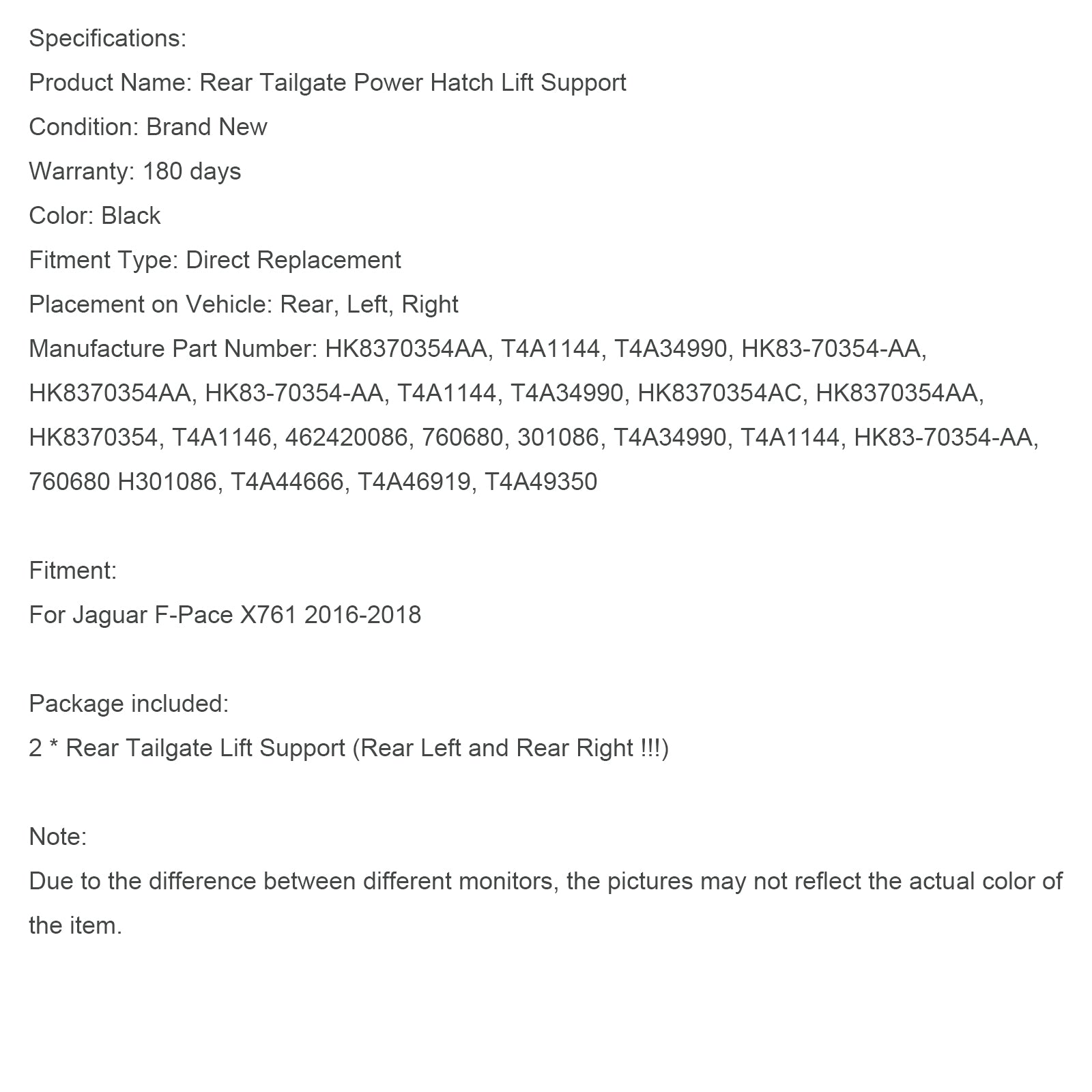 2016-2018 Jaguar F-Pace X761 2PCS Rear Electric Tailgate Struts HK8370354AA T4A1144 462420086