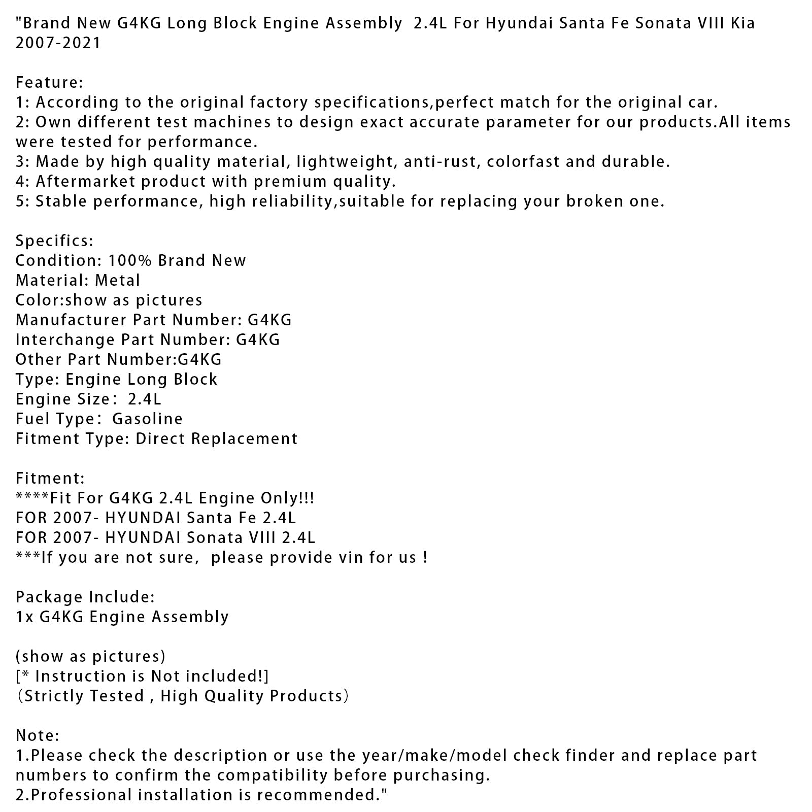 Brand New G4KG Long Block Engine Assembly 2.4L For Hyundai Santa Fe Sonata