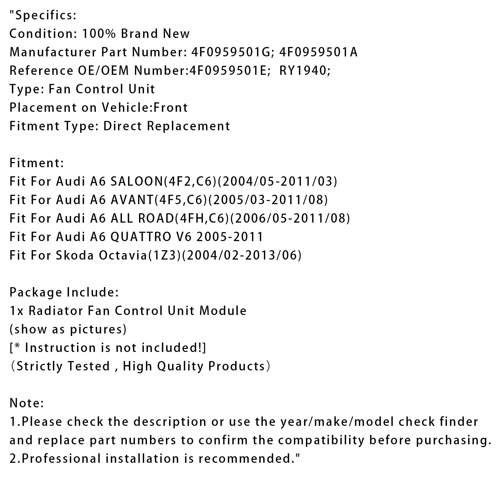 Radiator Fan Control Module For Audi A6 2004-2011 4F0959501G 4F0959501E