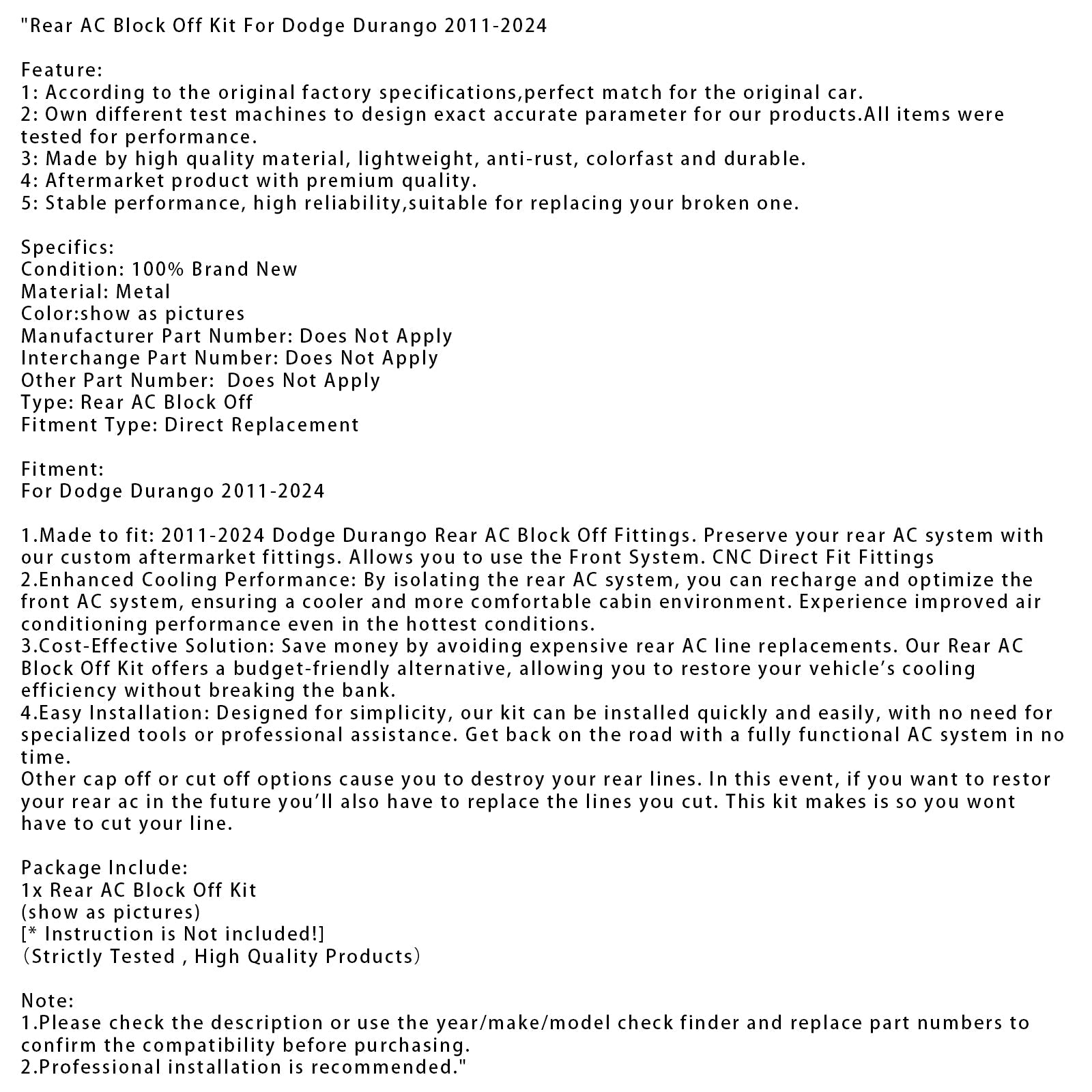 2011-2024 Durango Rear AC Block Off Kit