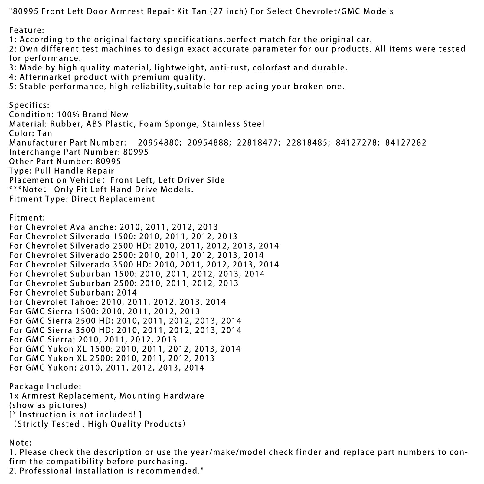 80995 Front Left Door Armrest Repair Kit Tan (27 inch) For Select Chevrolet/GMC