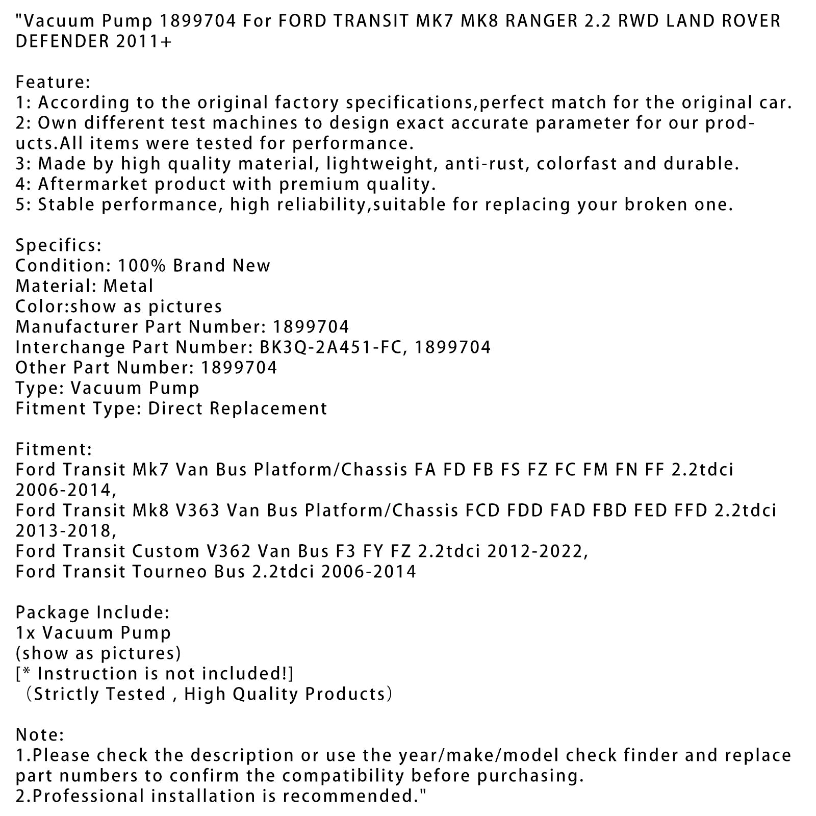 Vacuum Pump 1899704 For FORD TRANSIT MK7 MK8 RANGER 2.2 RWD LAND ROVER DEFENDER