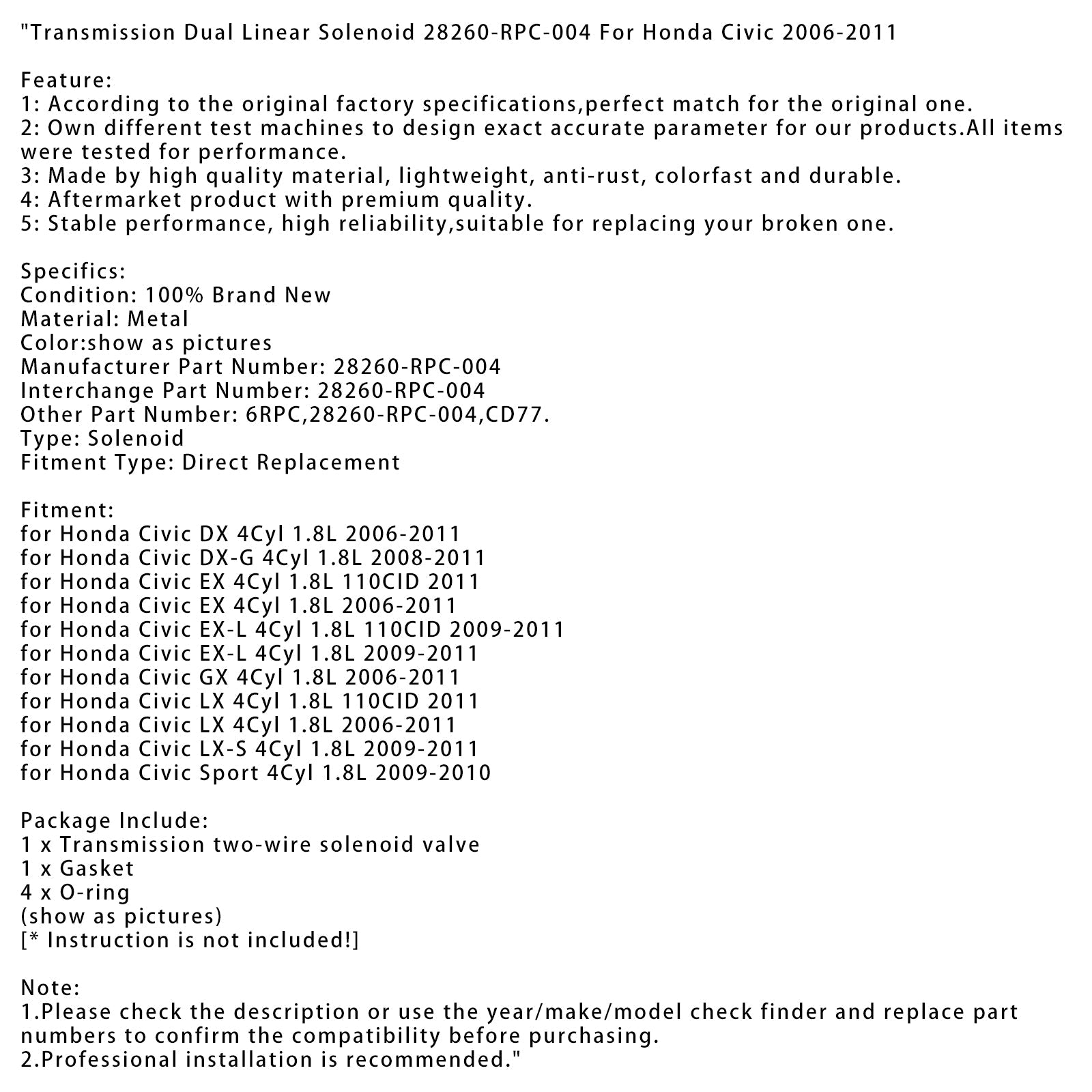 Honda Civic 2006-2011 용 전송 이중 선형 솔레노이드 28260-RPC-004
