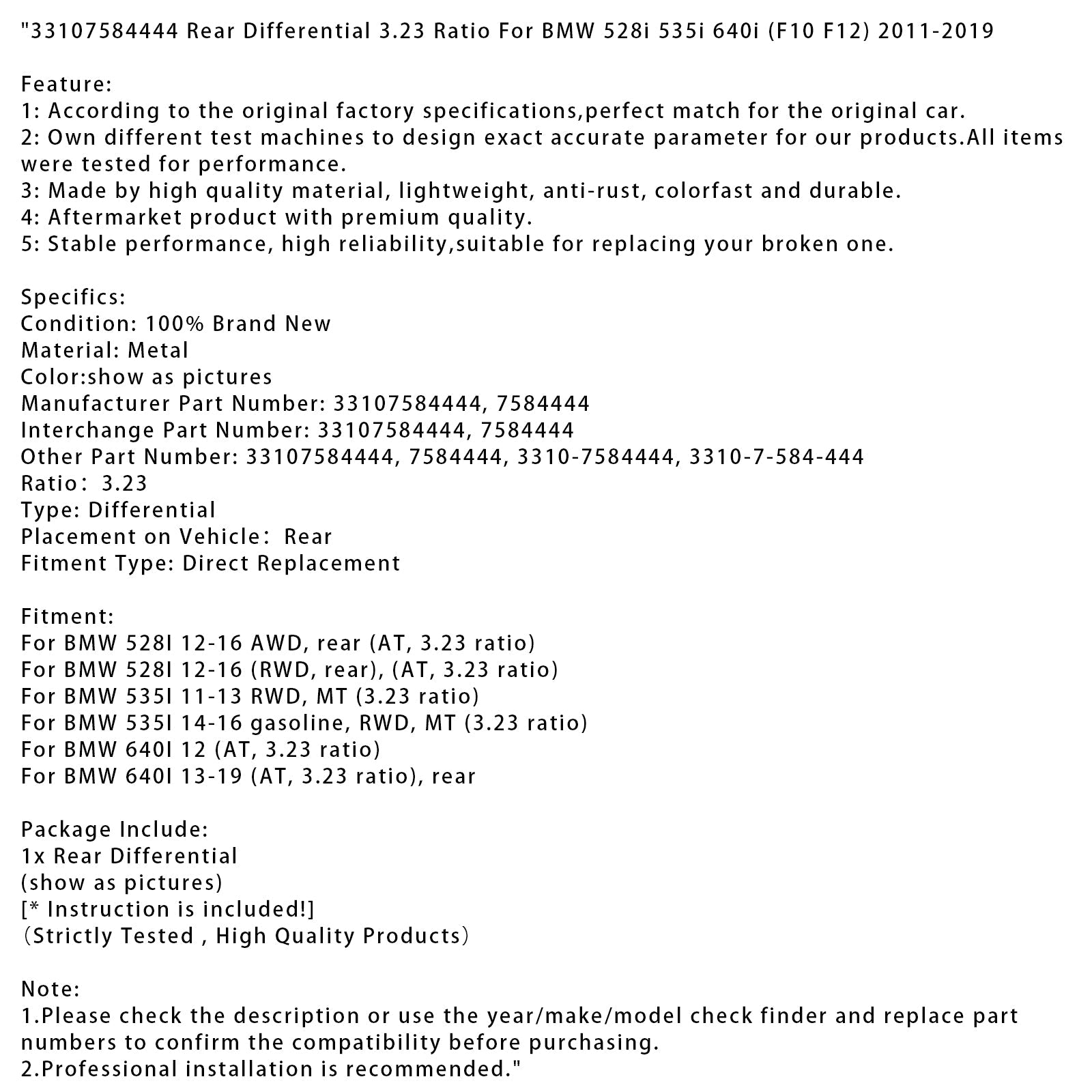 2012-2016 BMW 528I RWD Rear Differential 3.23 Ratio 33107584444
