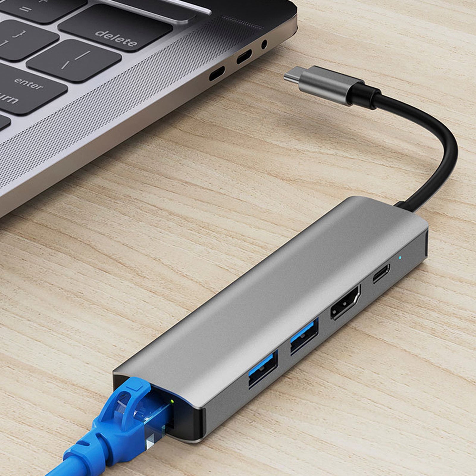 5 in 1 TYPE-C to USB3.0*1+USB2.0*1+PD100W/USB-C Data+HDMI+100M Network Card iPad