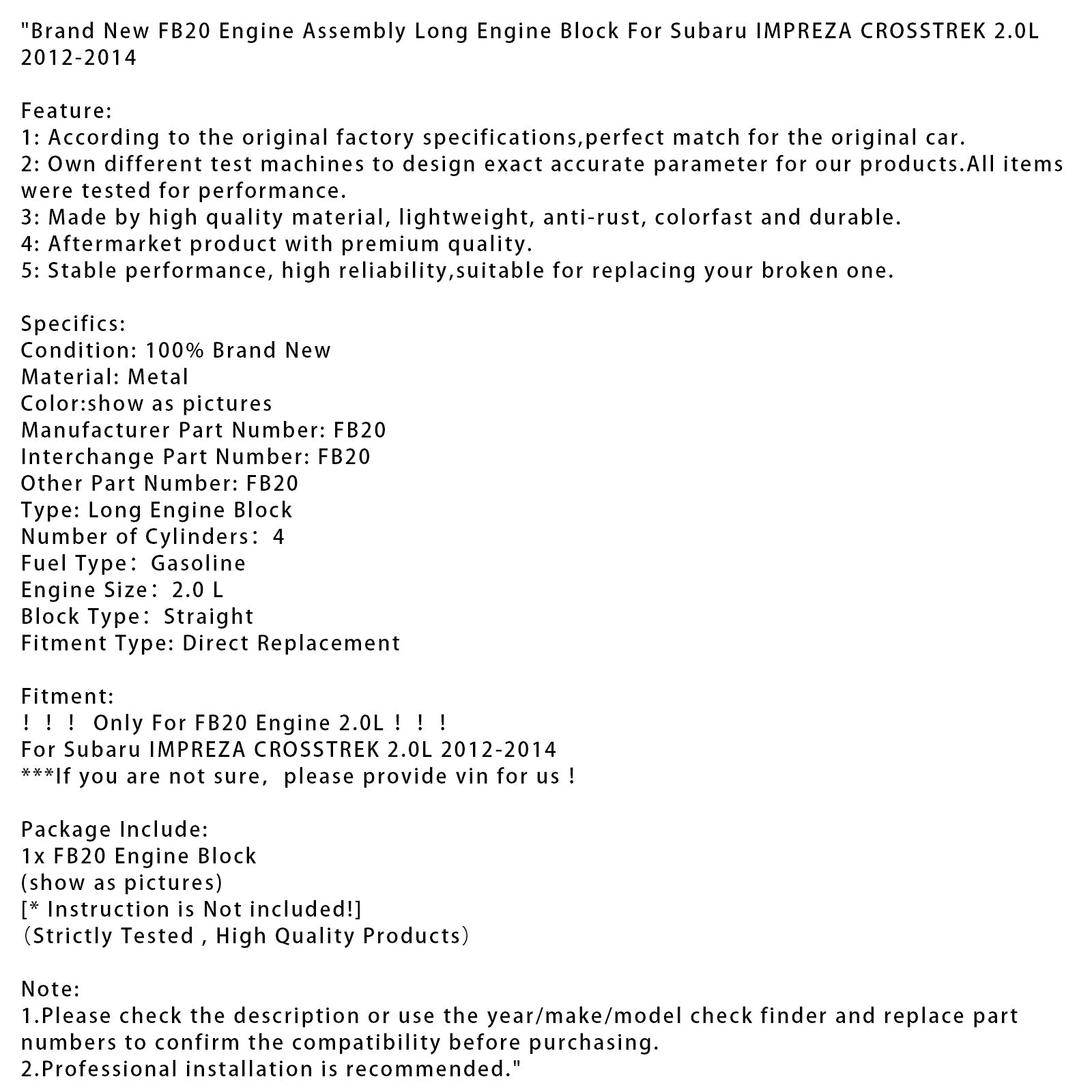 FB20 Engine Assembly Long Engine Block For Subaru IMPREZA CROSSTREK 2.0L 12-2014