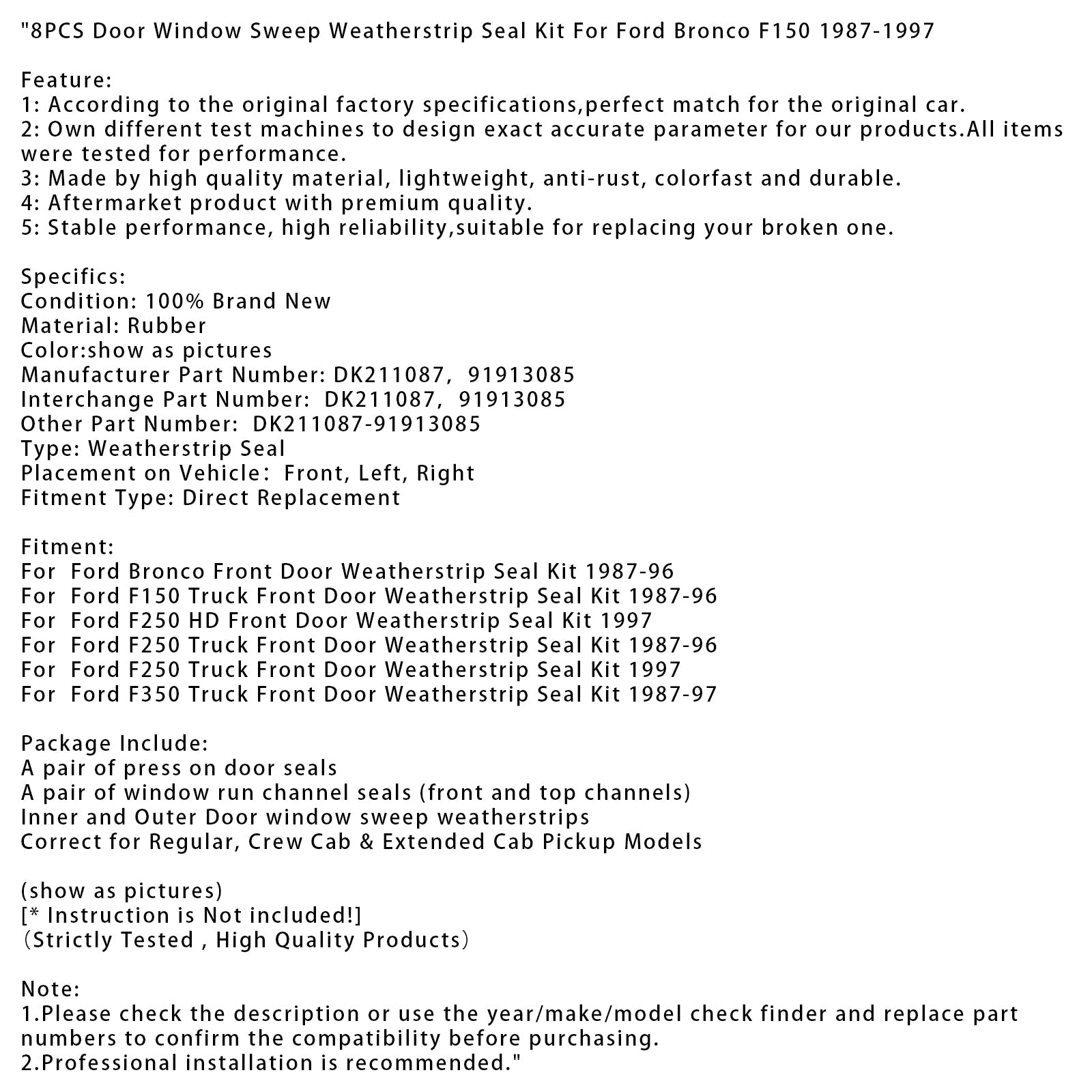 1997 Ford F250 Truck Front Door Weatherstrip Seal Kit 8PCS Door Window Sweep Weatherstrip Seal Kit