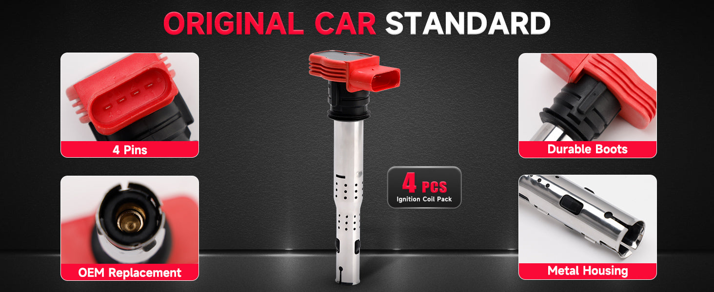 4x Red Coil Packs Set For Audi A3 A4 A5 A6 Q5 TT 06E905115 06D905115 06E905115E