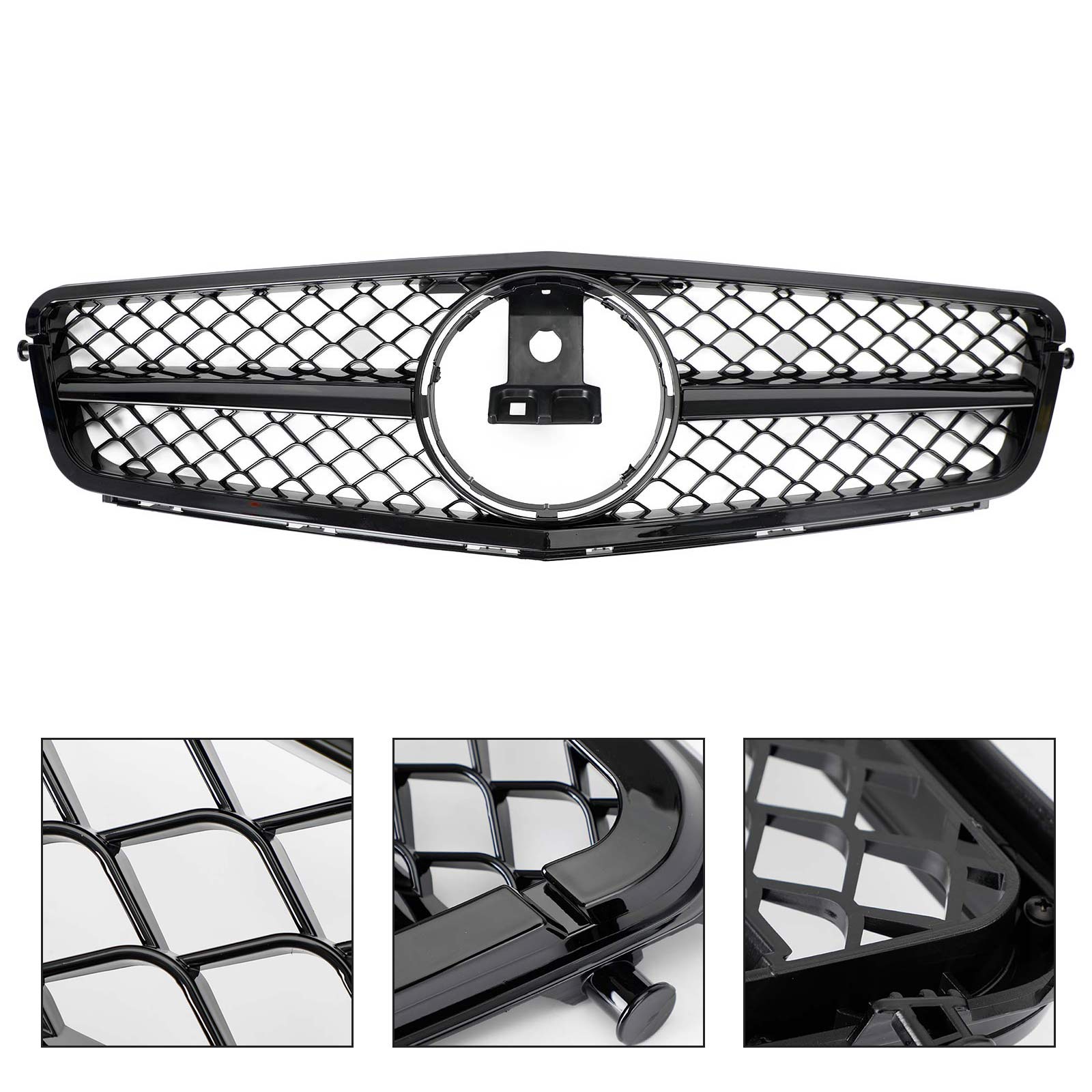 C63 Style Gloss Black Grill Grille Fits C-Class Benz W204 C300 C350 2008-2014