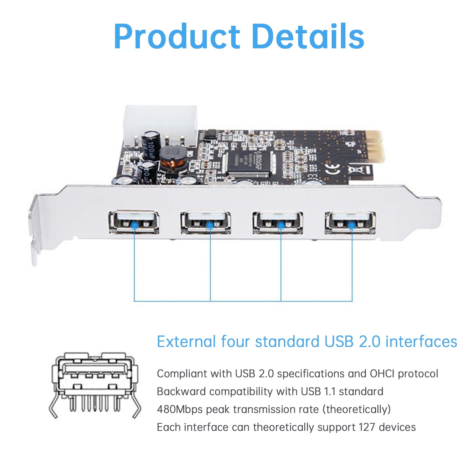 HUB 2.0 PCIE to USB 2.0 Expansion Card Moschip Adapter Card 4PIN Power Supply