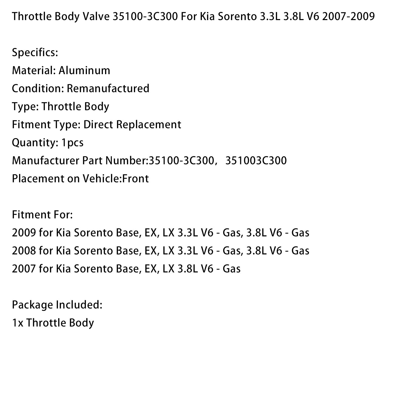 Throttle Body Valve 35100-3C300 For Kia Sorento 3.3L 3.8L V6 2007-2009