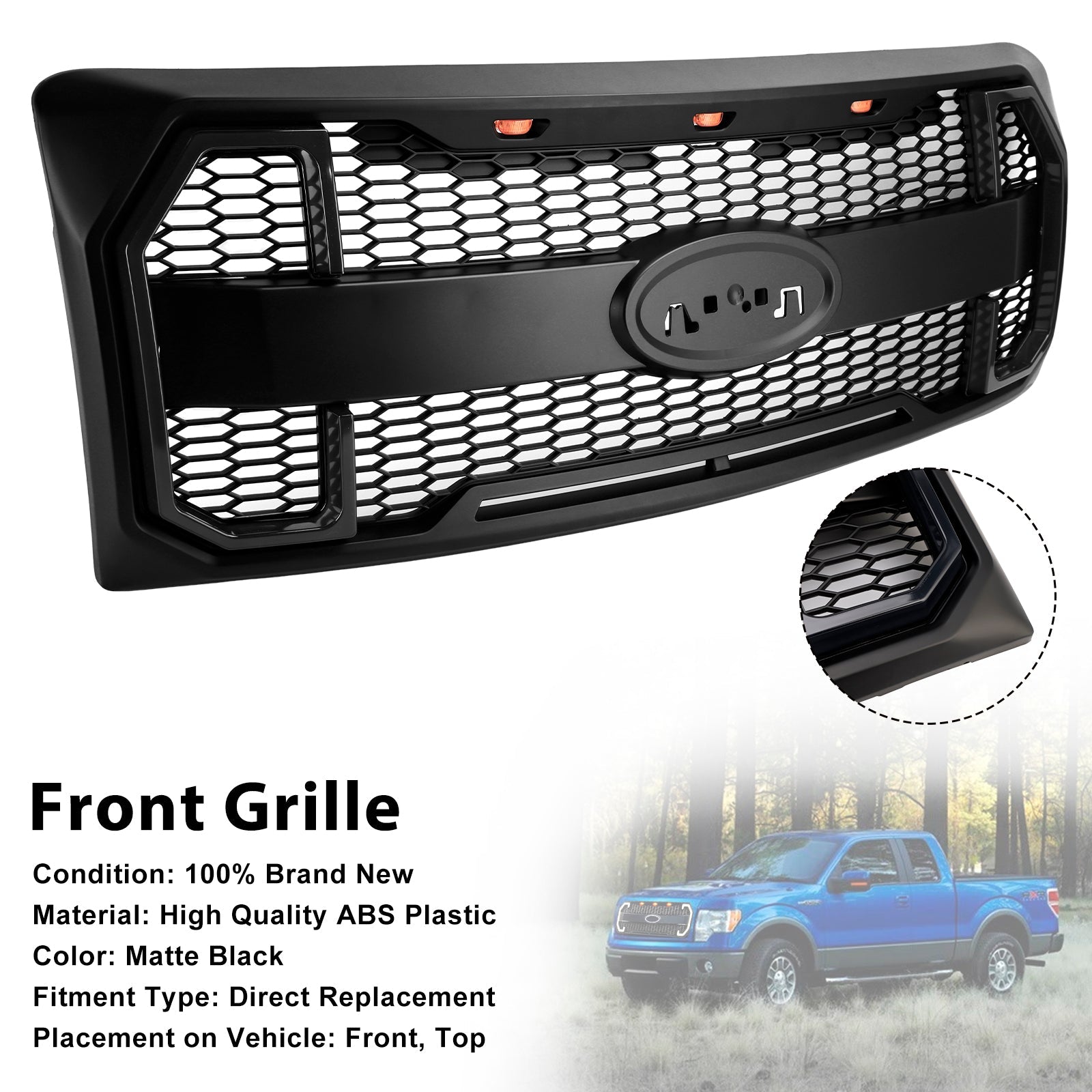 2009-2014 Ford F150 Matte Black Raptor Style Front Bumper Grille Grill W/LED