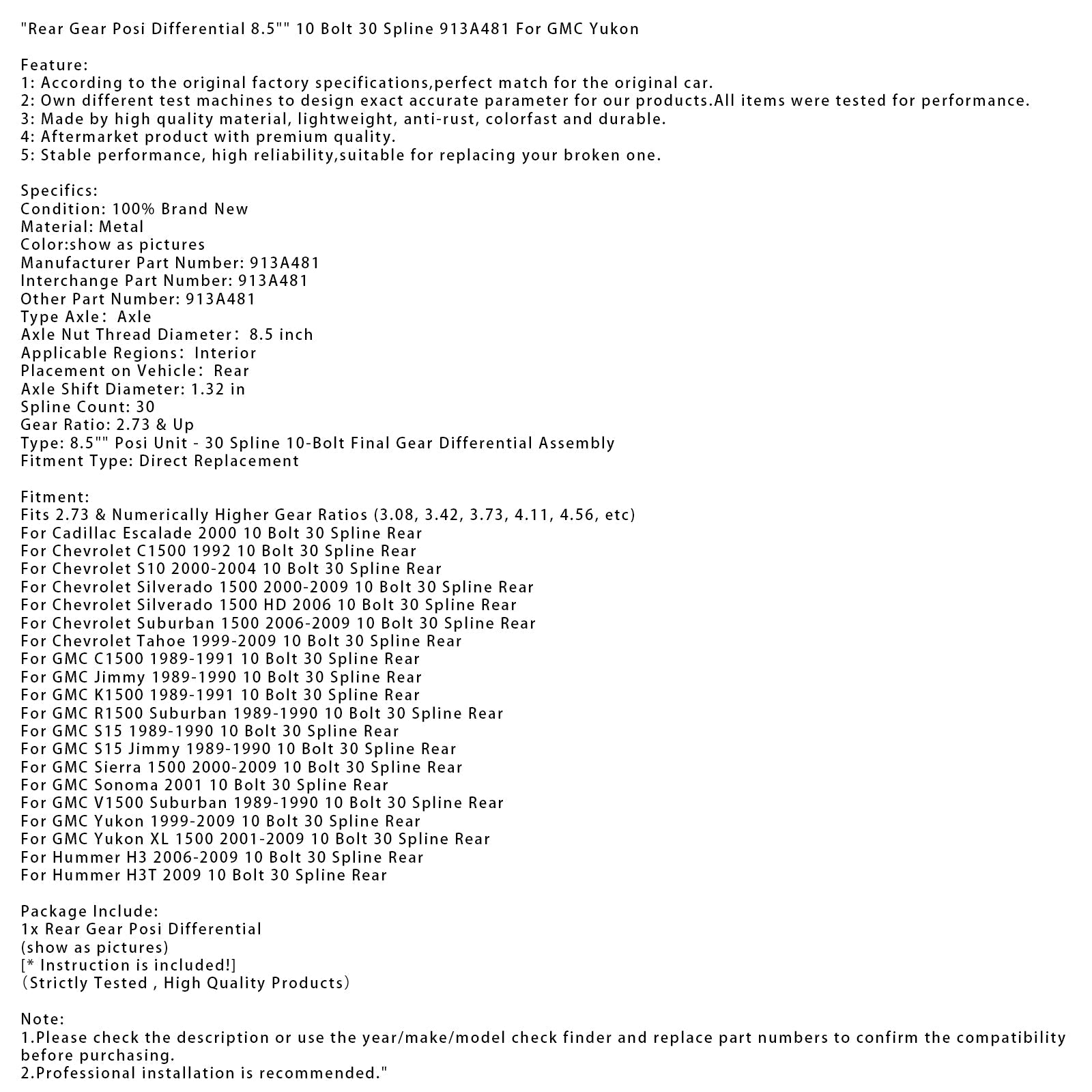 2006-2009 Hummer H3 10 Bolt 30 Spline Rear Posi Differential 8.5" 10 Bolt 30 Spline 913A481