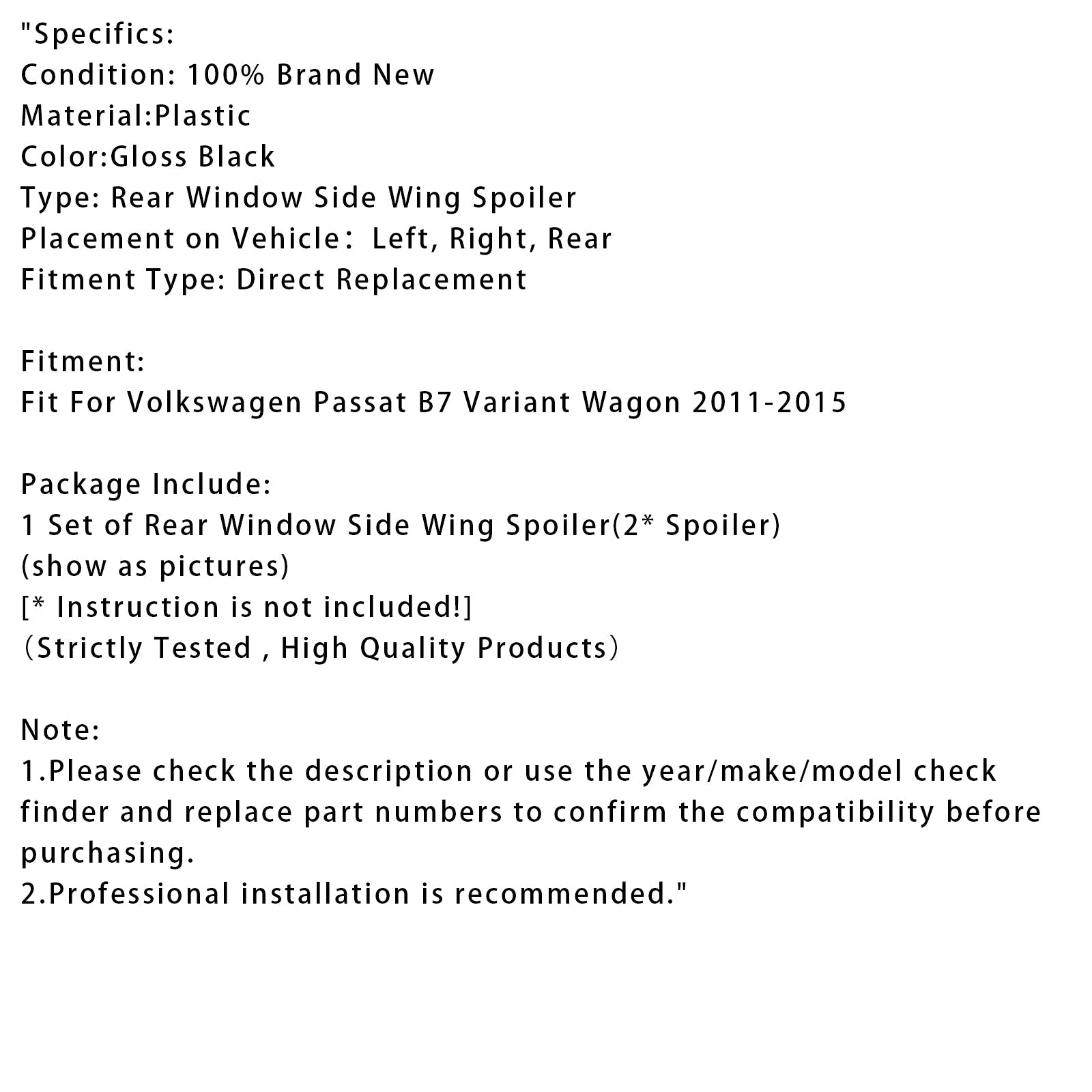 Gloss Black Pair Rear Window Side Wing Spoiler For VW Passat B7 Wagon 11-15