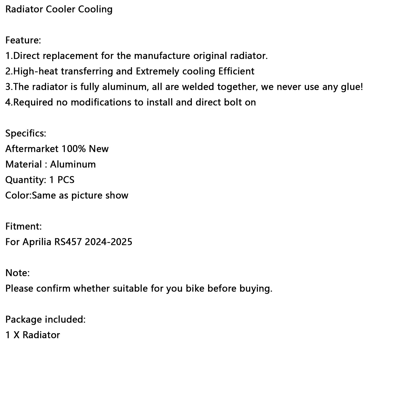2024-2025 Aprilia RS457 RS 457 Radiator Cooling Engine Cooler