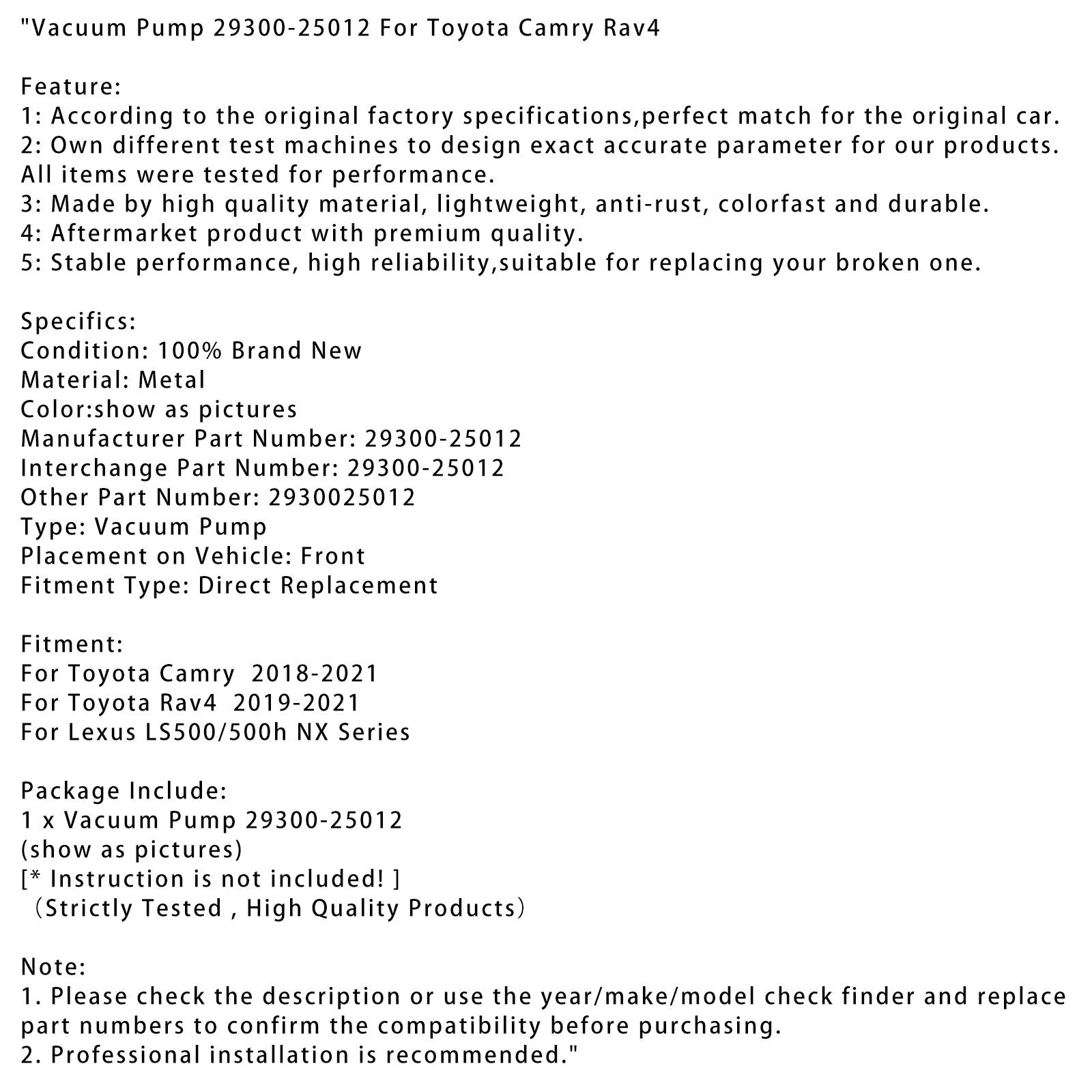 Vacuum Pump 29300-25012 For Toyota Camry Rav4