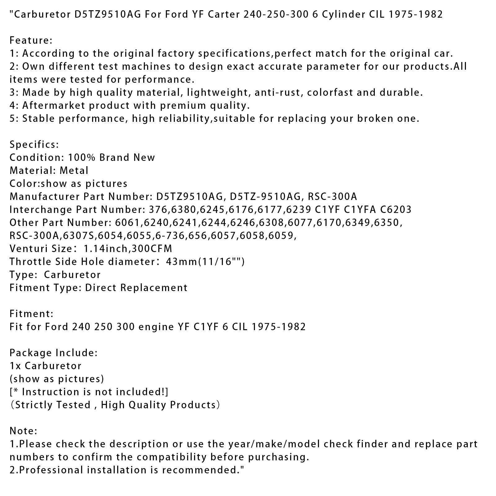 1975-1982 Ford YF Carter 240-250-300 6 Cylinder CIL Carburetor D5TZ9510AG