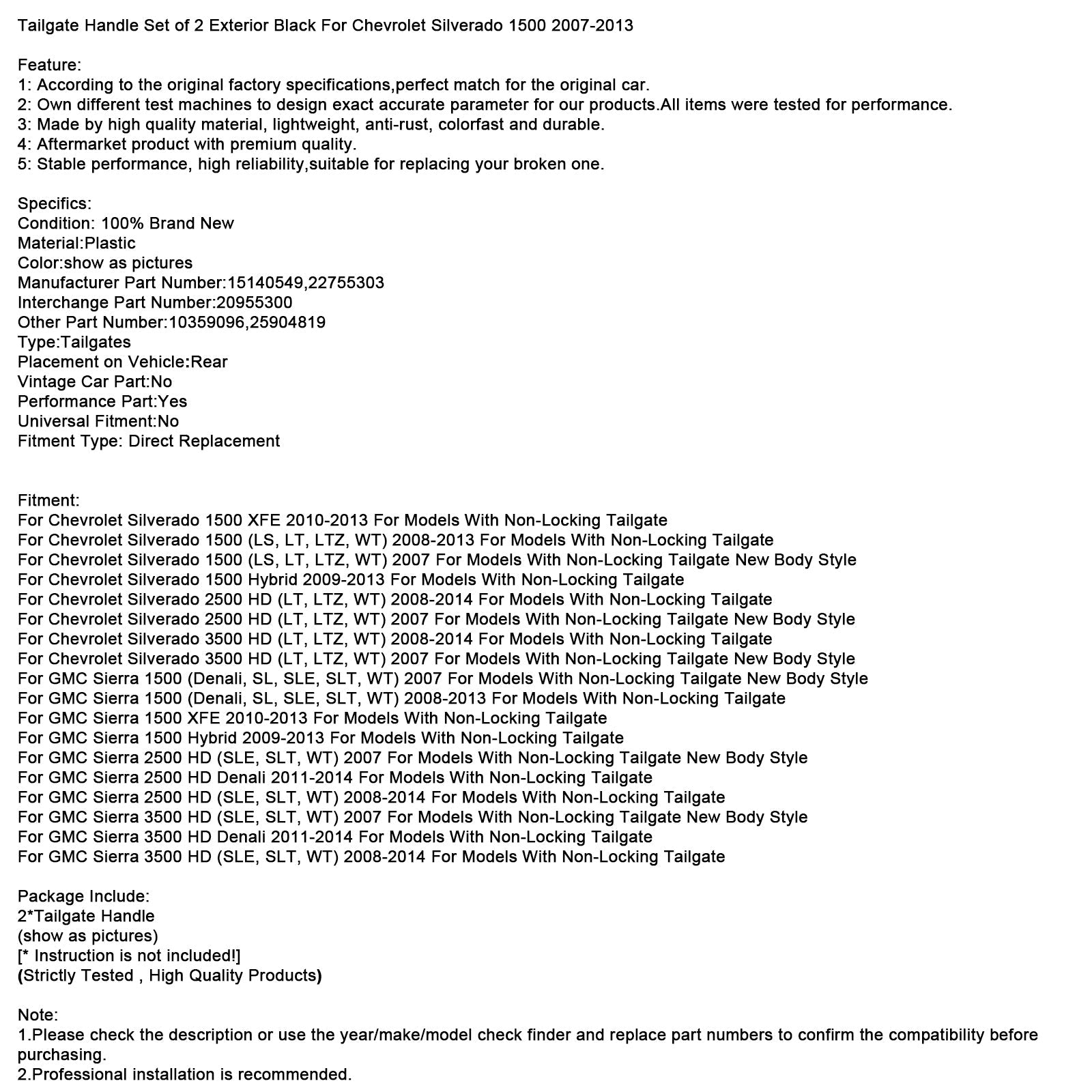 Tailgate Handle Set of 2 Exterior Black For Chevrolet Silverado 1500 2007-2013