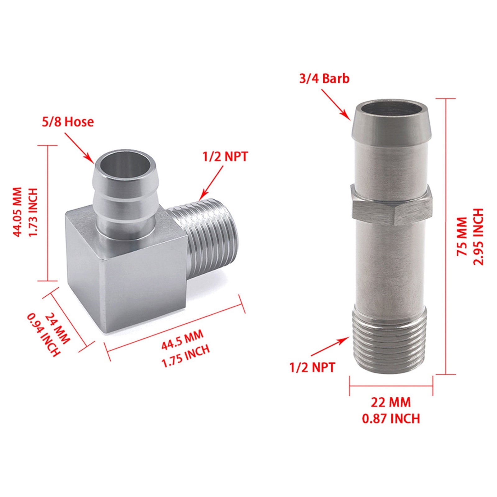 2PCS Heater Hose Fitting 3/4" Water Pump 5/8" Intake For Chevy SBC V8 Engines