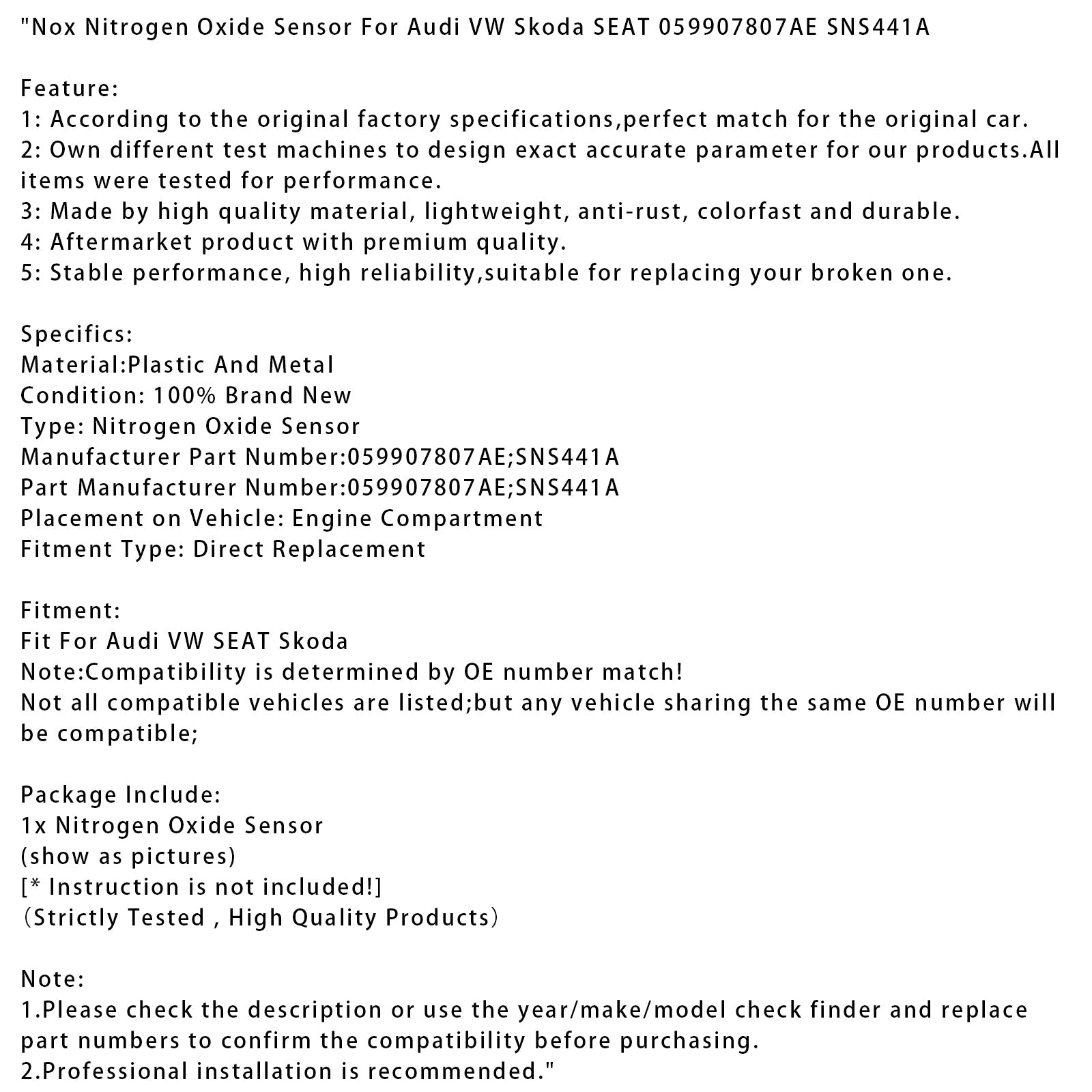 Audi VW Skoda SEAT Nox Nitrogen Oxide Sensor 059907807AE SNS441A